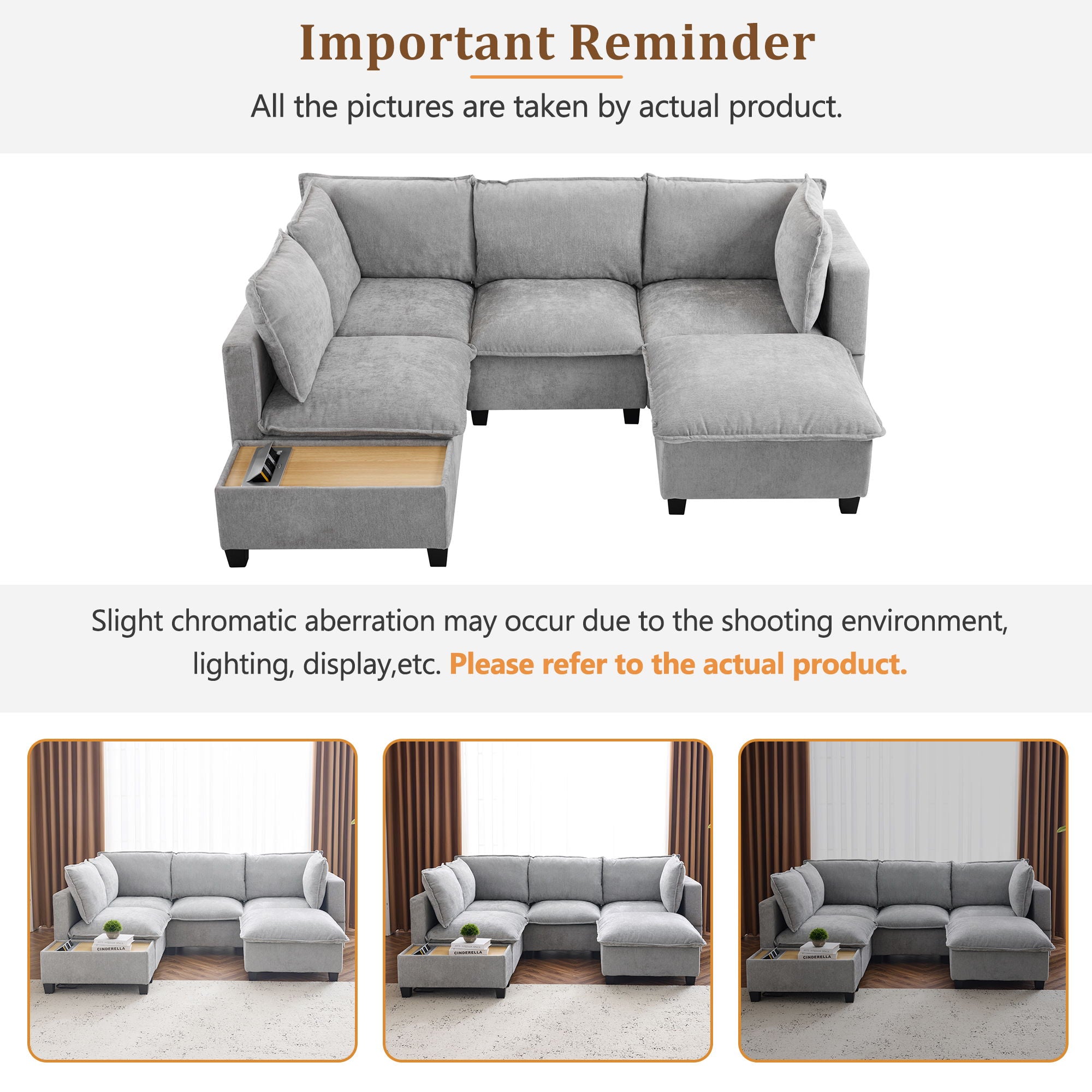 U-Shaped Sectional Modular Sofa With A Movable Ottoman, A Coffee Table With Hidden Charging Devices For Living Room