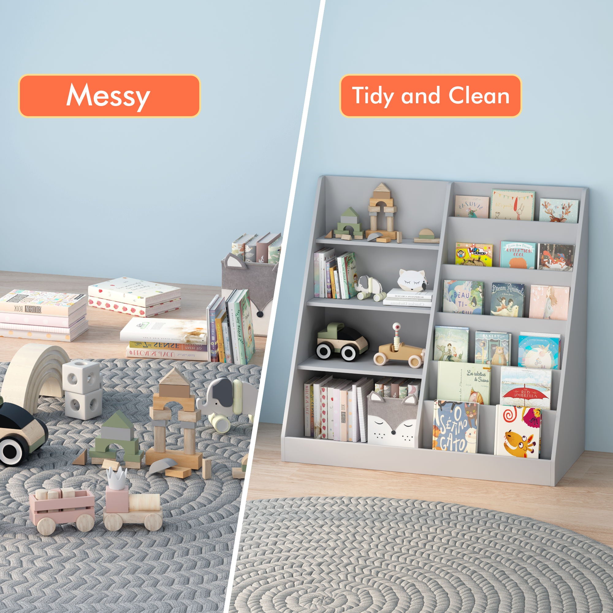 Bookshelf And Toy Storage Organizer, 4 Tier Bookcase With Display Stand For Playroom