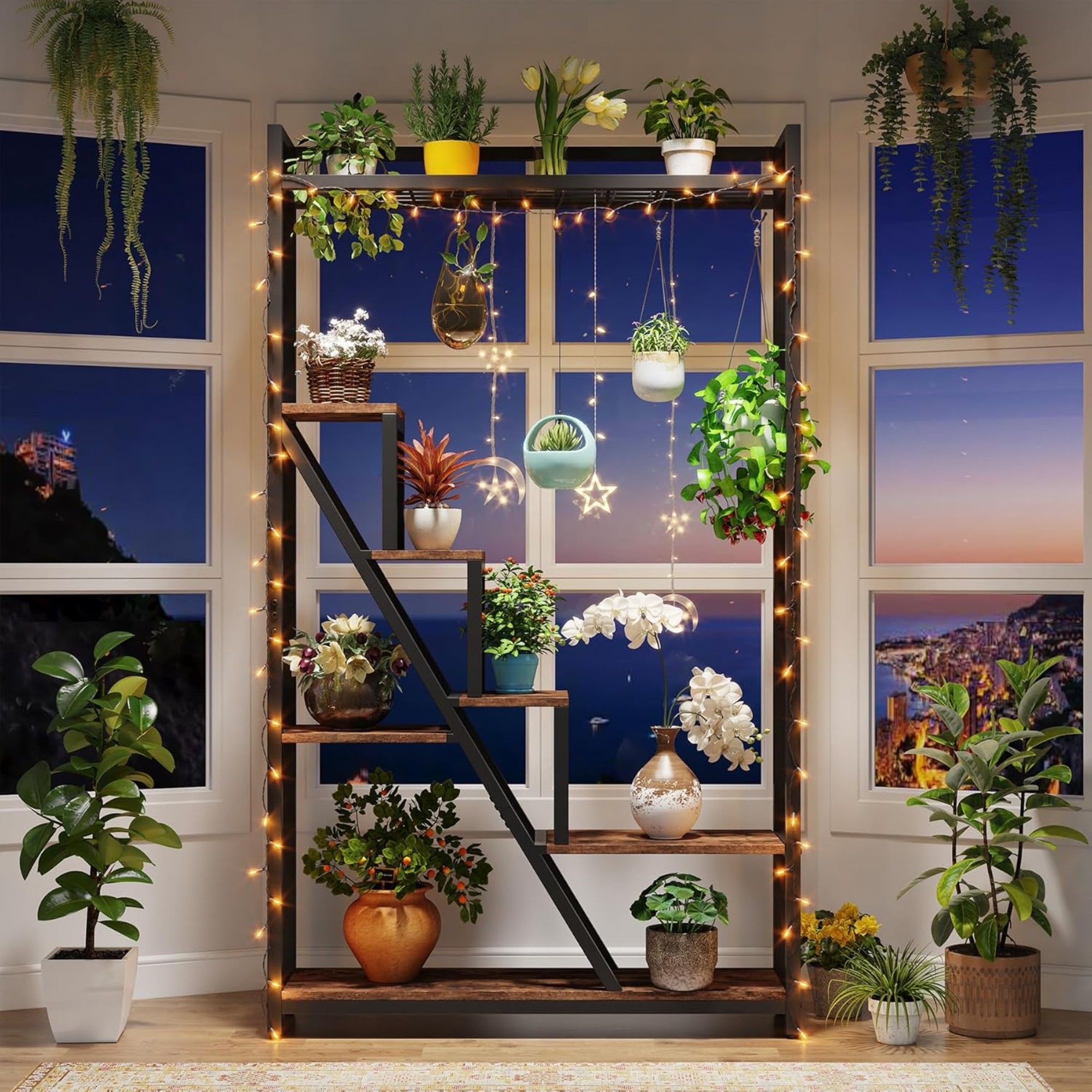 7 Tier Indoor Plant Stand With 5 S-Hooks - Brown / Black