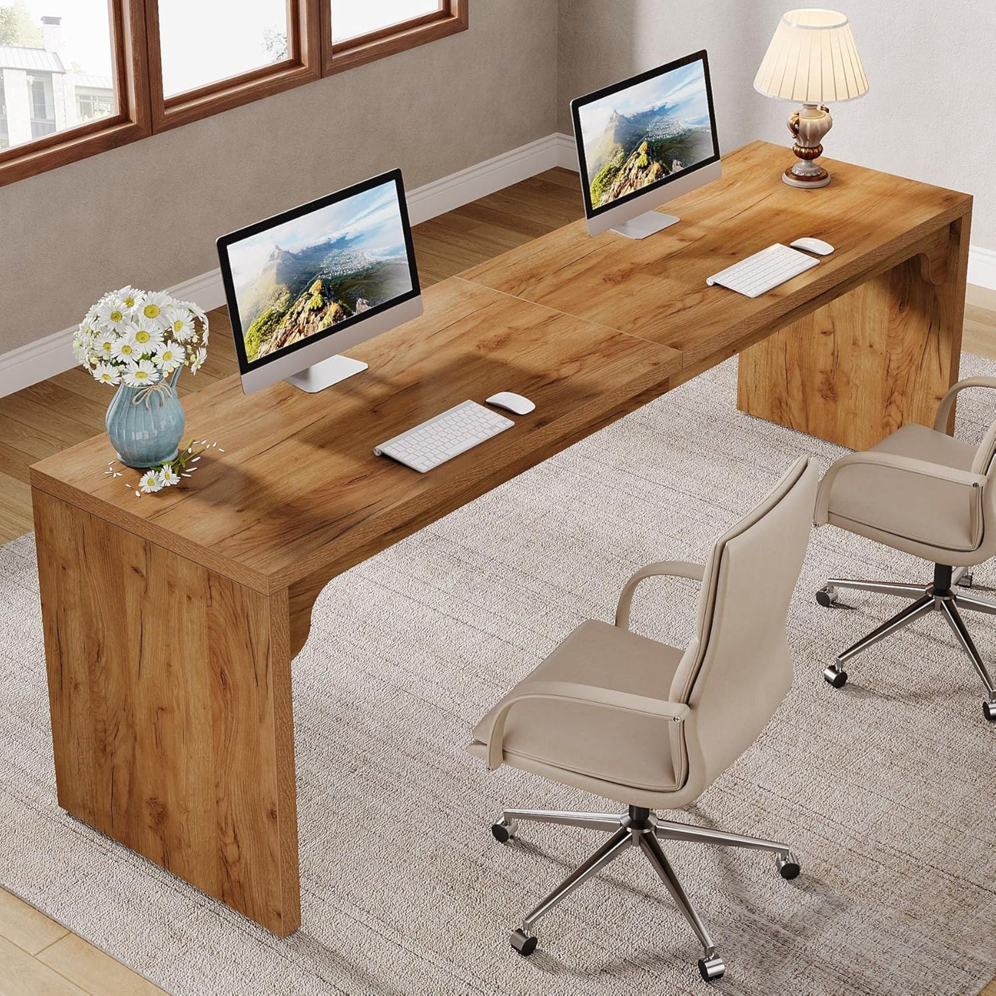 Extra Long 2 Person Computer Desk, Large Workstation - Brown