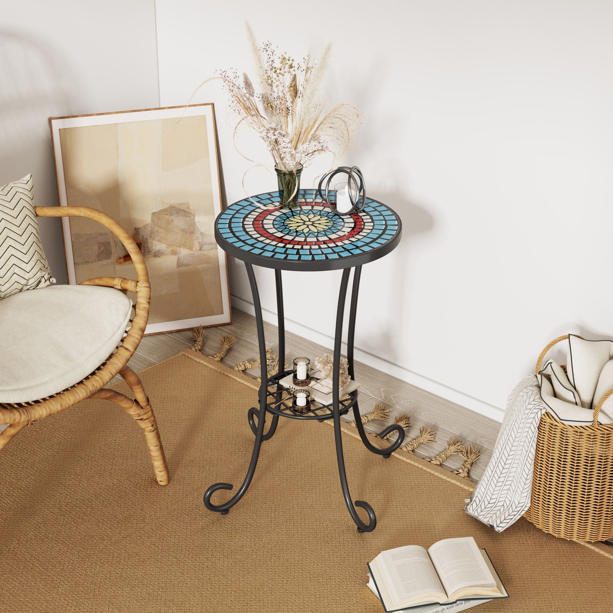 Ceramic Tile and Iron Patio Side Table with Shelf