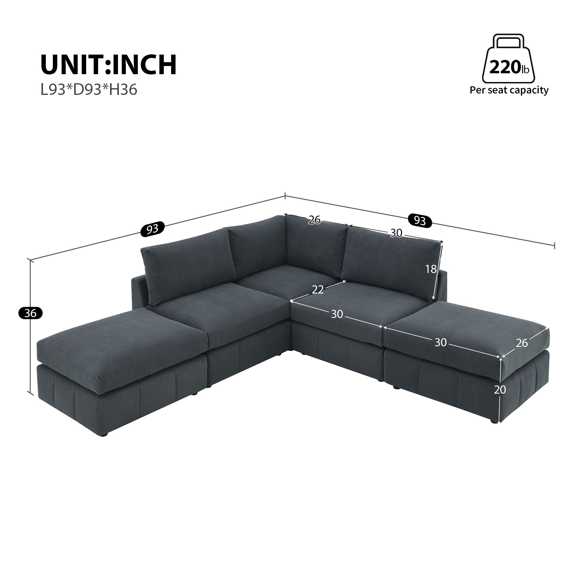 Modern Sectional Sofa With Vertical Stripes, 5 Seat Armless Couch Set With Convertible Ottomans, Various Combinations, L-Shape Indoor Furniture For Living Room