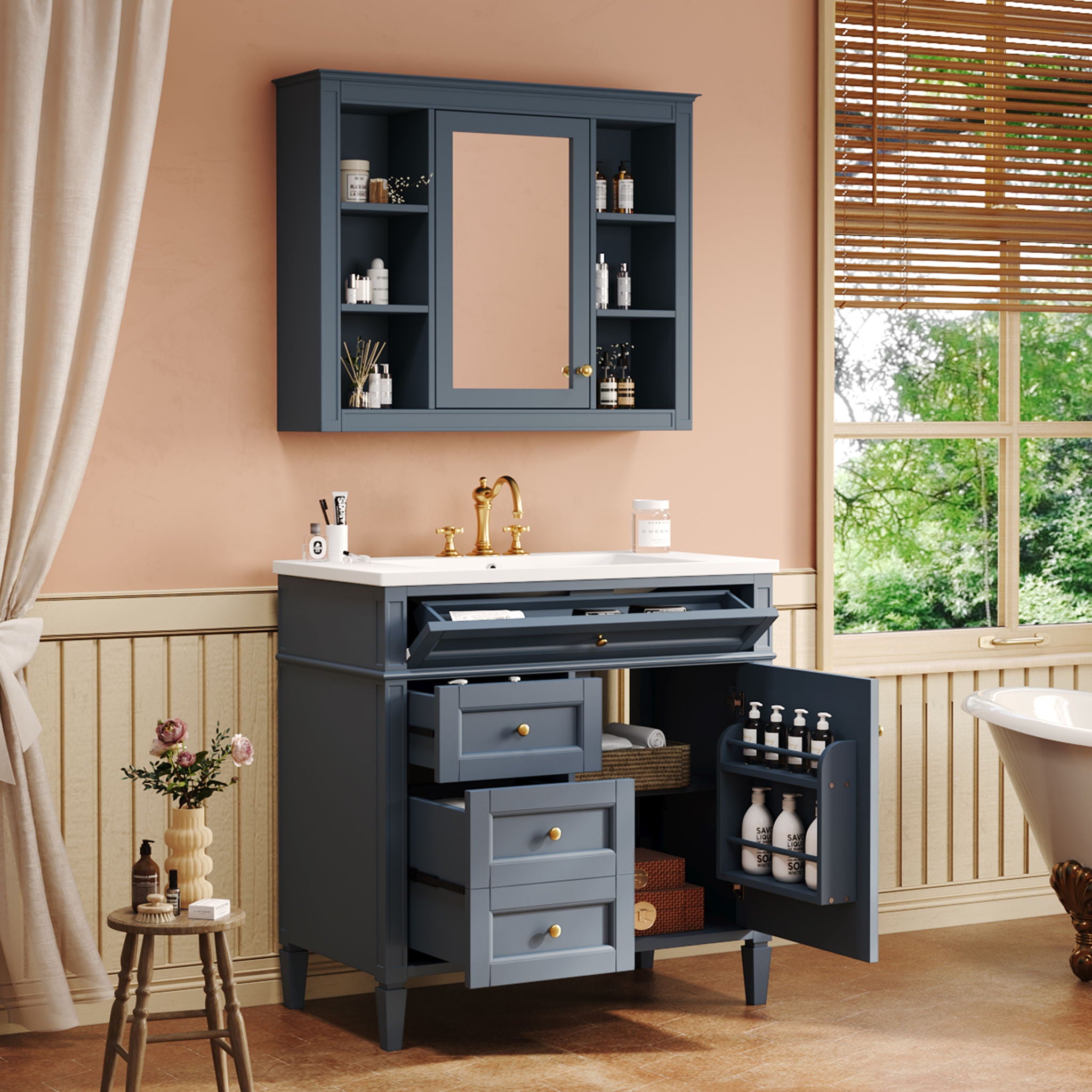 Bathroom Vanity With Mirror Cabinet, Storage Cabinet With 2 Soft Closing Doors And 4 Drawers, Undermount Sink