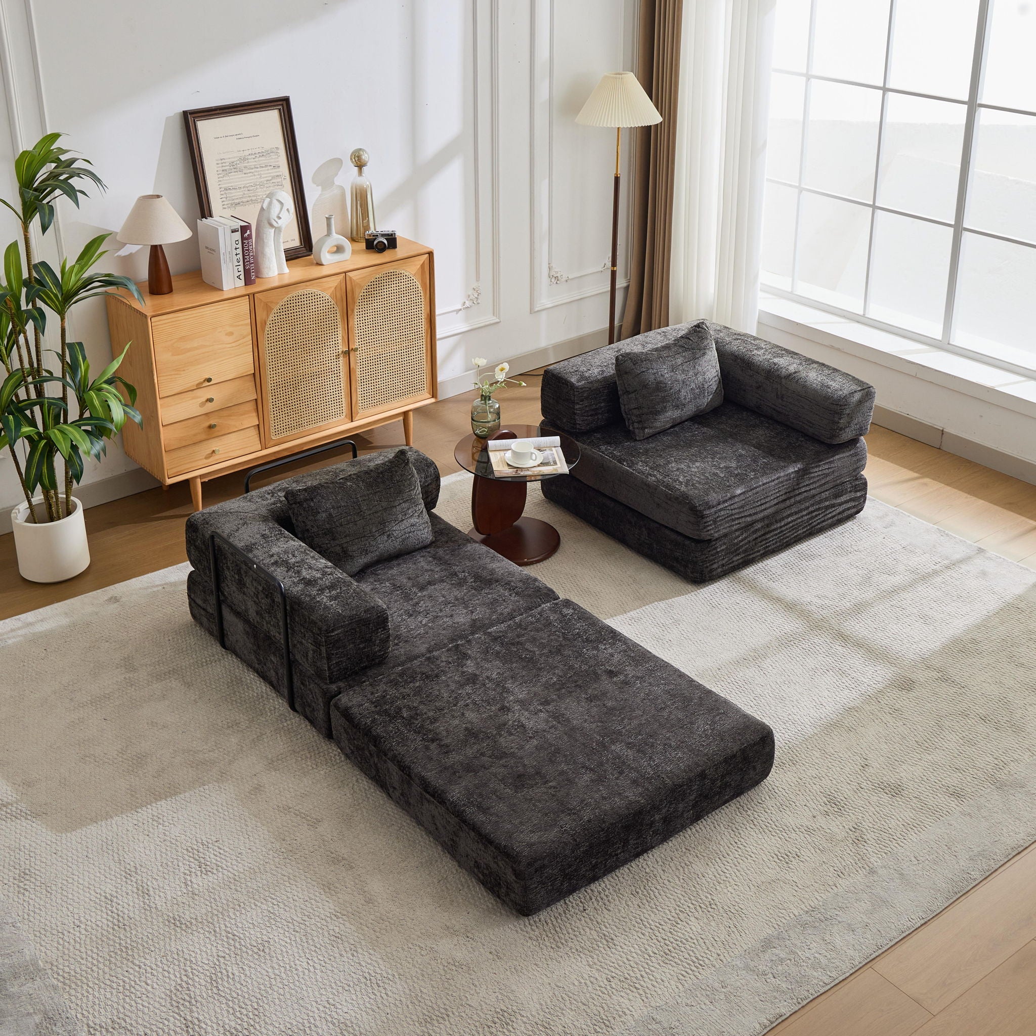 Convertible Floor Sofa Bed With Fixed Shape Frame, Loveseats Boneless Modular Sectional, For Living Room - Black