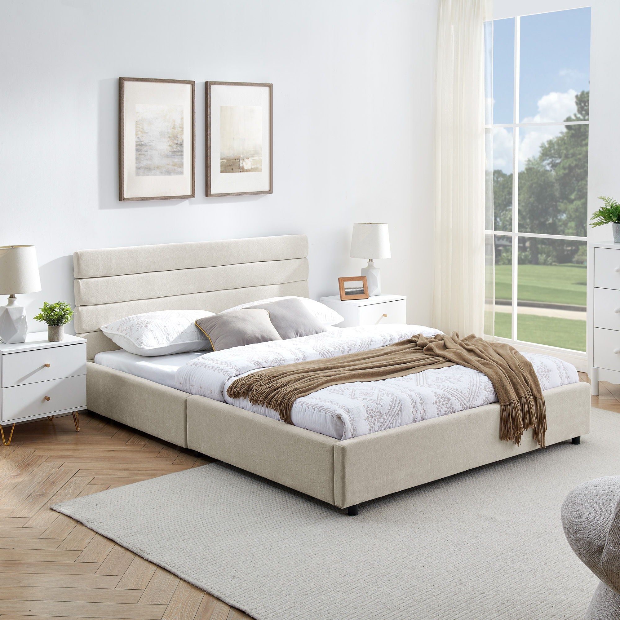 Modern Cushioned Bed Frame With Headboard And Drawers
