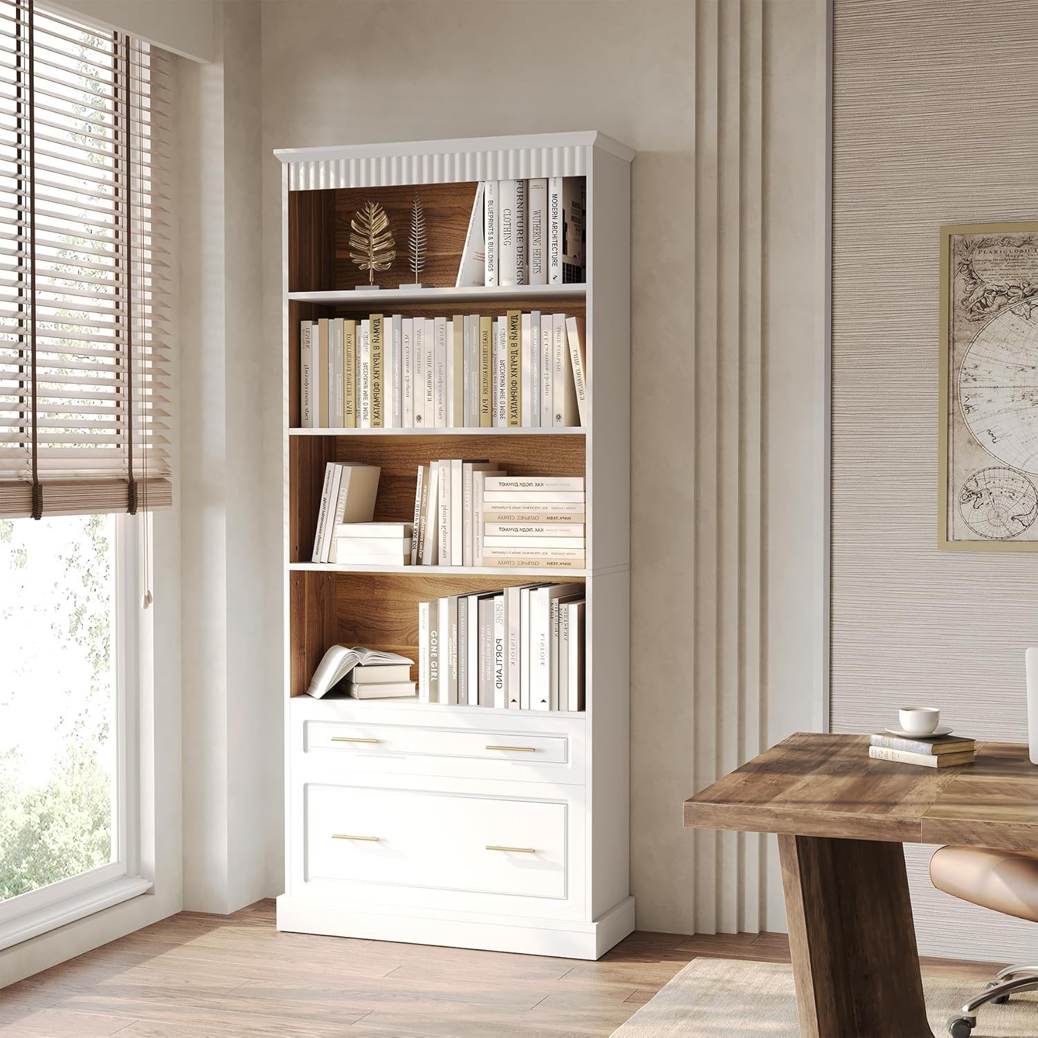 5 Tier White Bookcase With 2 Drawers Storage Organizer For Living Room - White