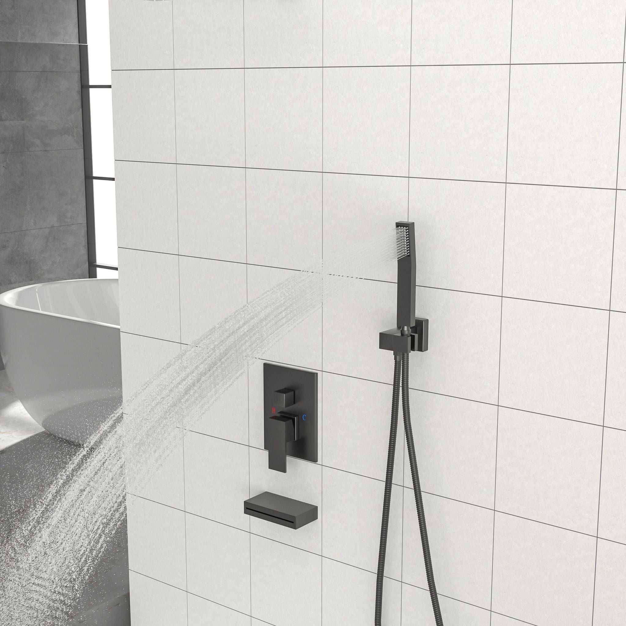 12" Ceiling Mount Square Shower System With Waterfall Tub Spout And Handheld Shower
