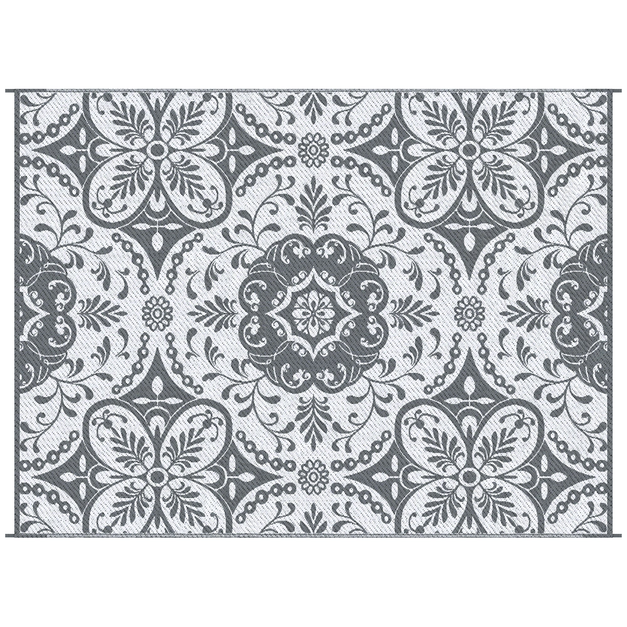 Reversible outdoor rug carpet, 9' x 12' waterproof plastic straw rug, gray & white floral