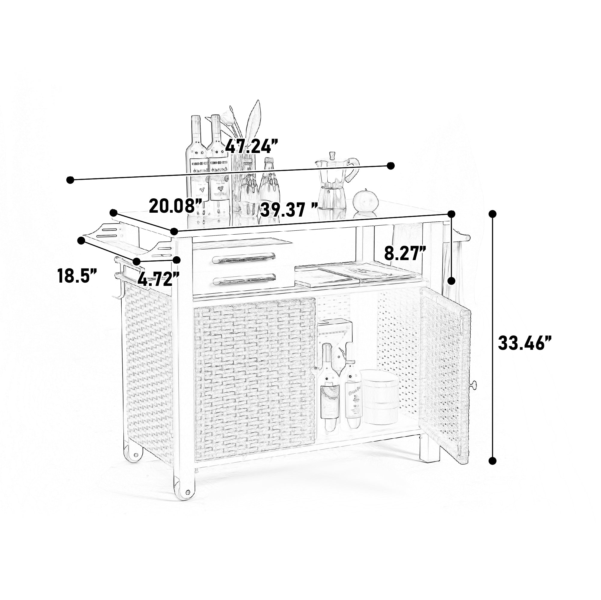 Outdoor Kitchen Wicker Island Rolling Cart & Storage Cabinet Brown