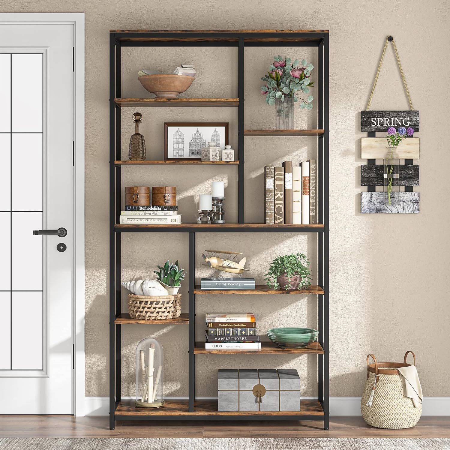 Extra Tall 8 Tier Staggered Etagere Bookcase With 8 Shelves Organizer For Living Room - Rustic Brown