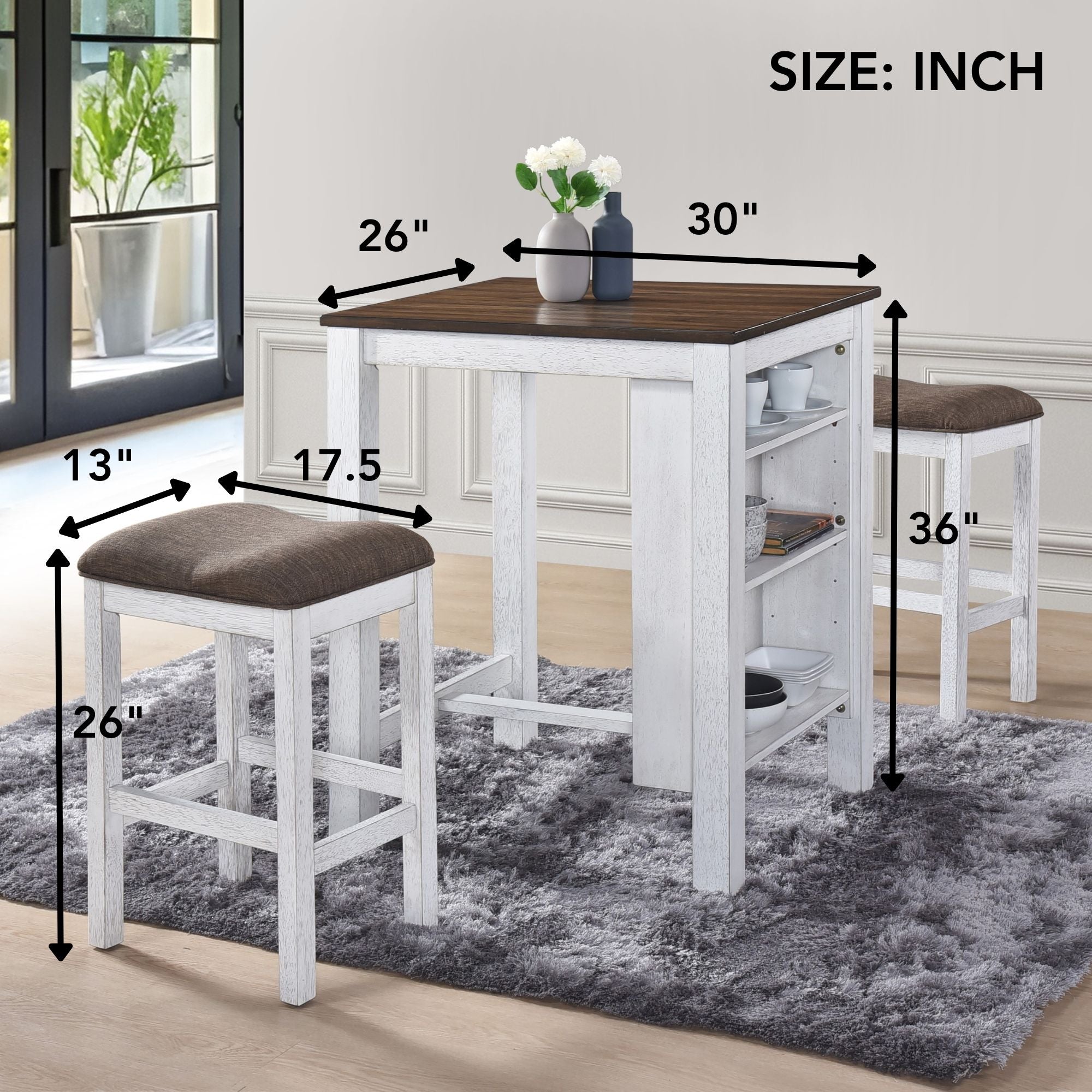 3 Pieces Counter Set Storage Space For Small Space Modern Farmhouse Design Retro Design Easy To Assembly - Antique Dark Oak / Antique White