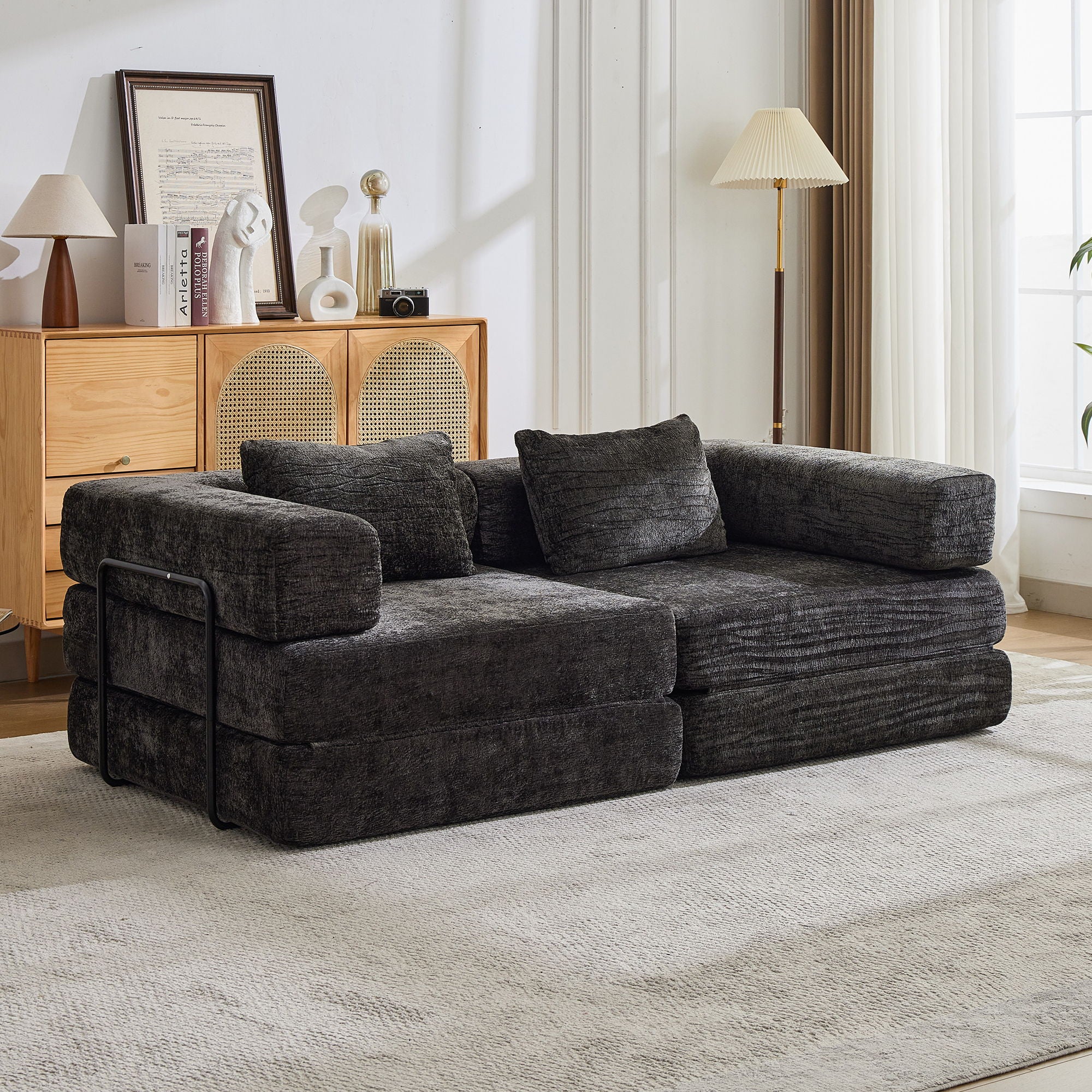 Convertible Floor Sofa Bed With Fixed Shape Frame, Loveseats Boneless Modular Sectional, For Living Room - Black