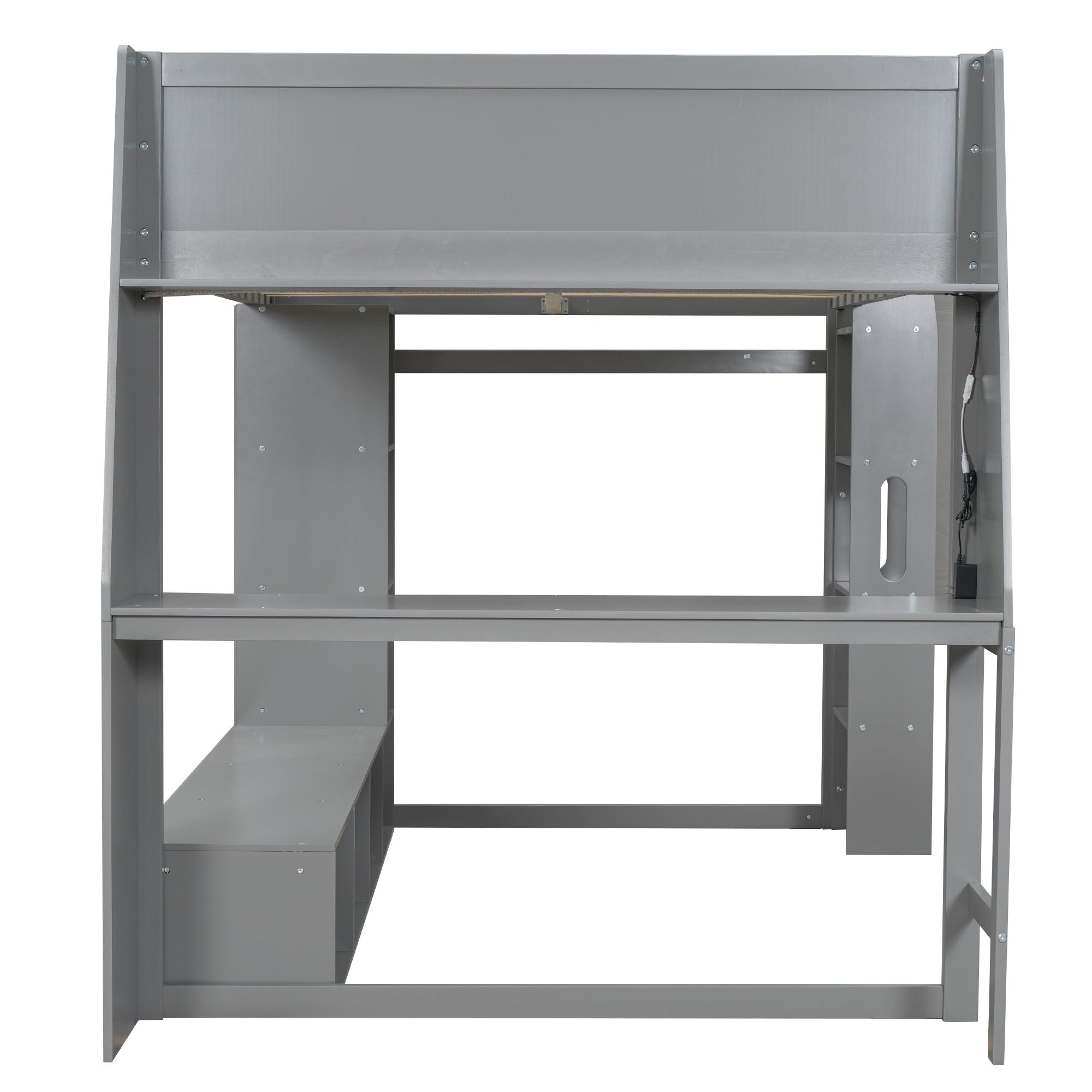Full Size Gaming Loft Bed With Desk, Multi Storage Shelves, LED Lighting, And Hanging Clothes Rack - Gray
