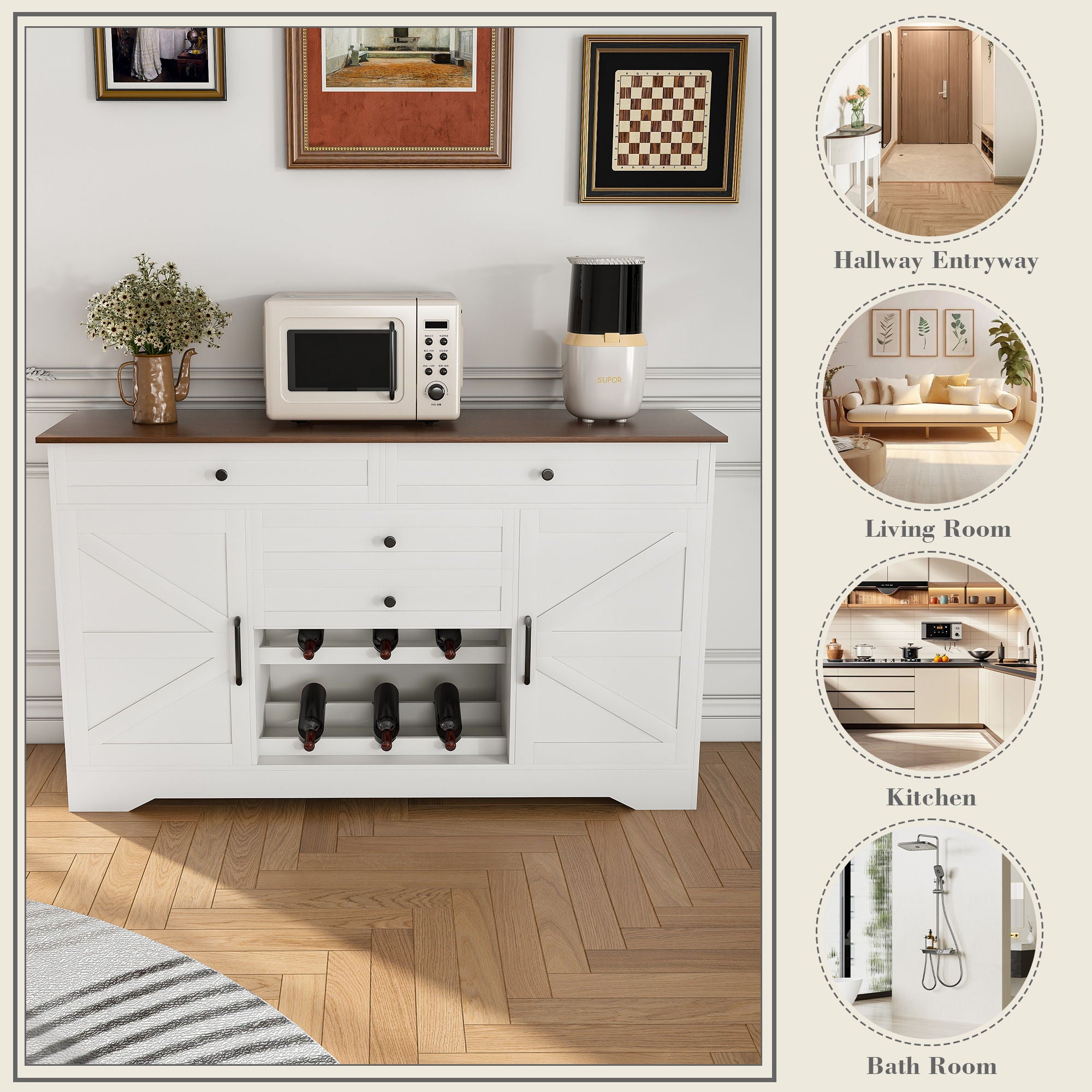 Rustic Farmhouse Kitchen Island With Storage Cabinet, Wood Top Breakfast Bar - White