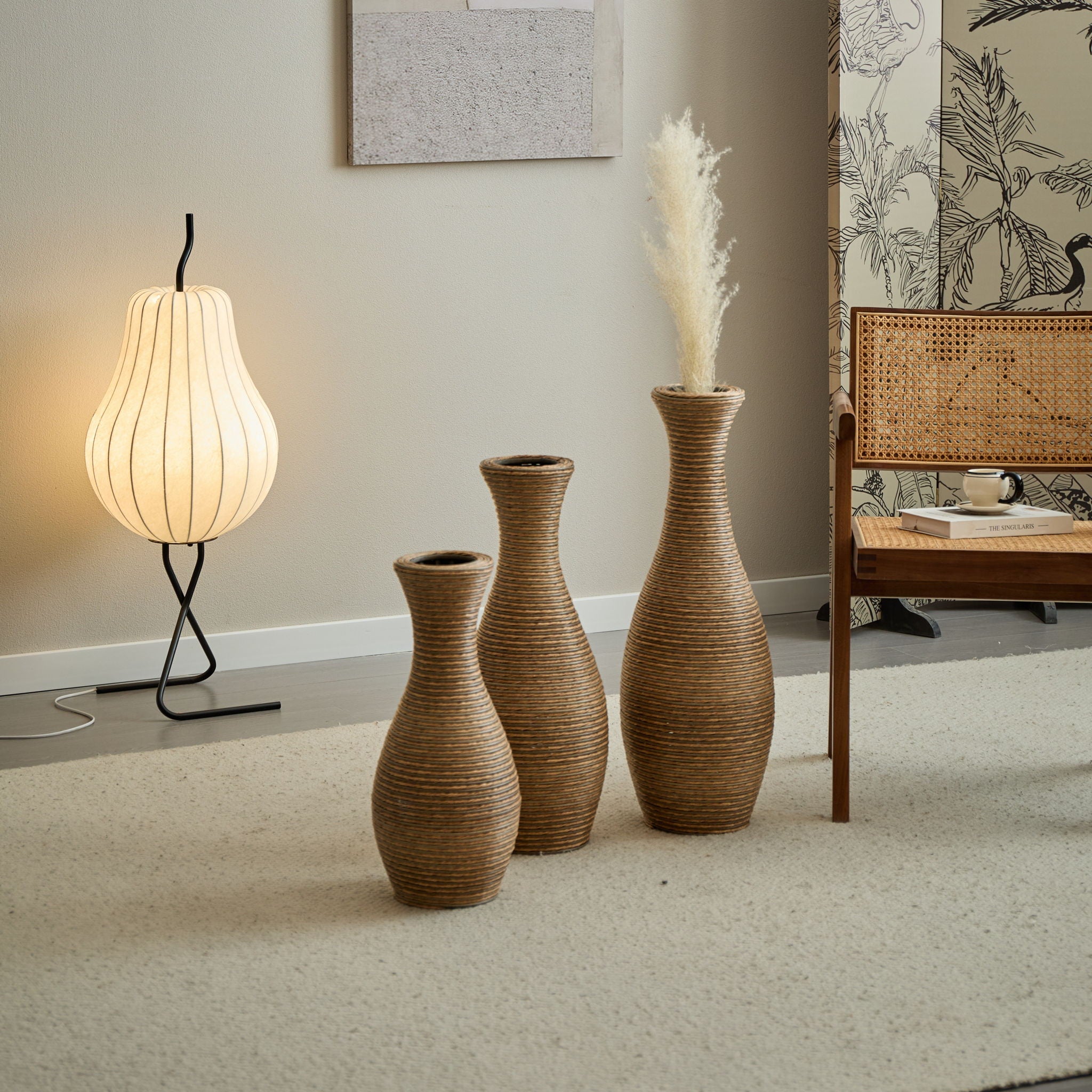 3 Piece Artificial Rattan Floor Vase Set Decorative Accent For Living Room, Hallway & Entryway, Ideal For Dried Or Silk Flower Arrangements - Beige