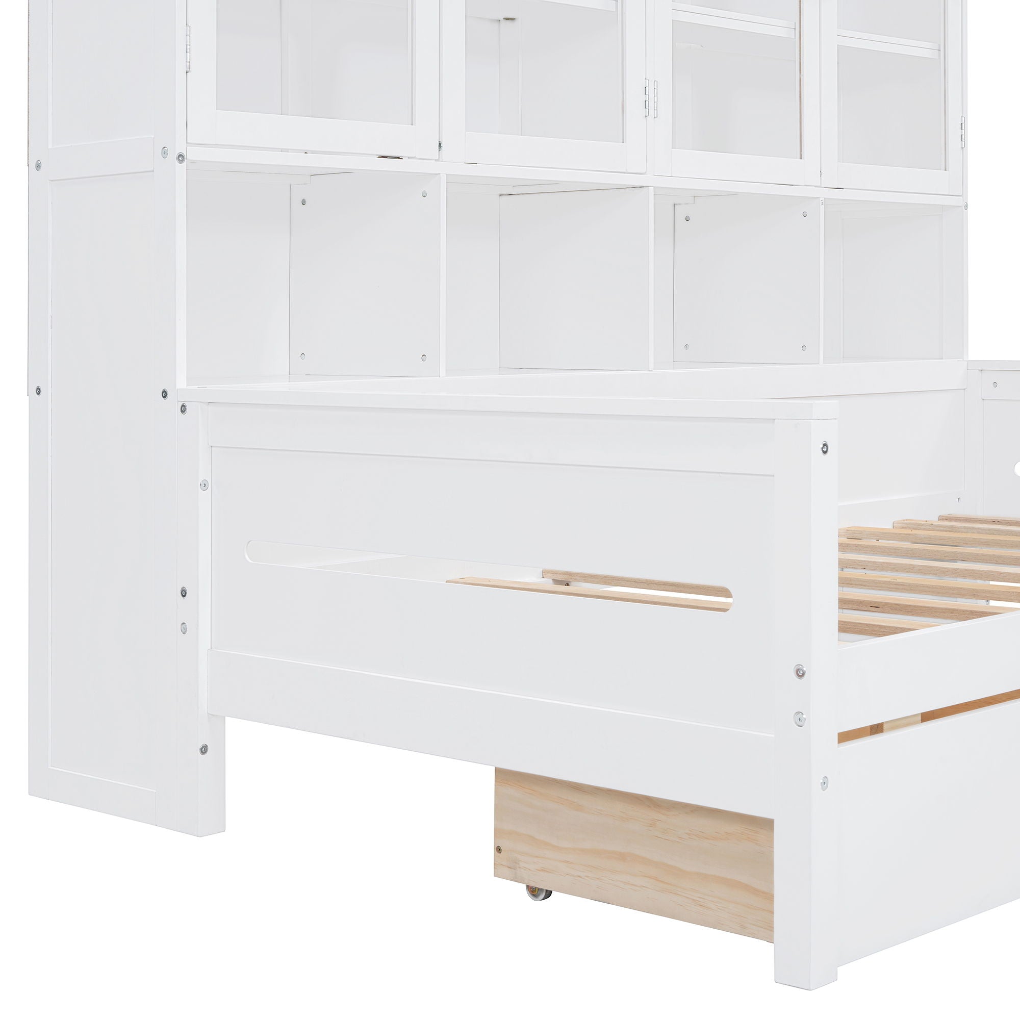 Daybed With Glass Door Storage Cabinets, Built In LED Lighting And Shelves