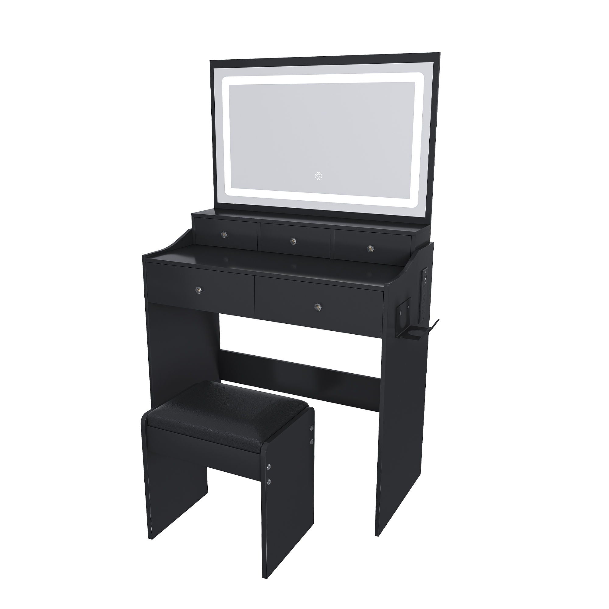 Modern Makeup Vanity Set With Power Outlet, Hair Dryer Holder, And Adjustable Lighting