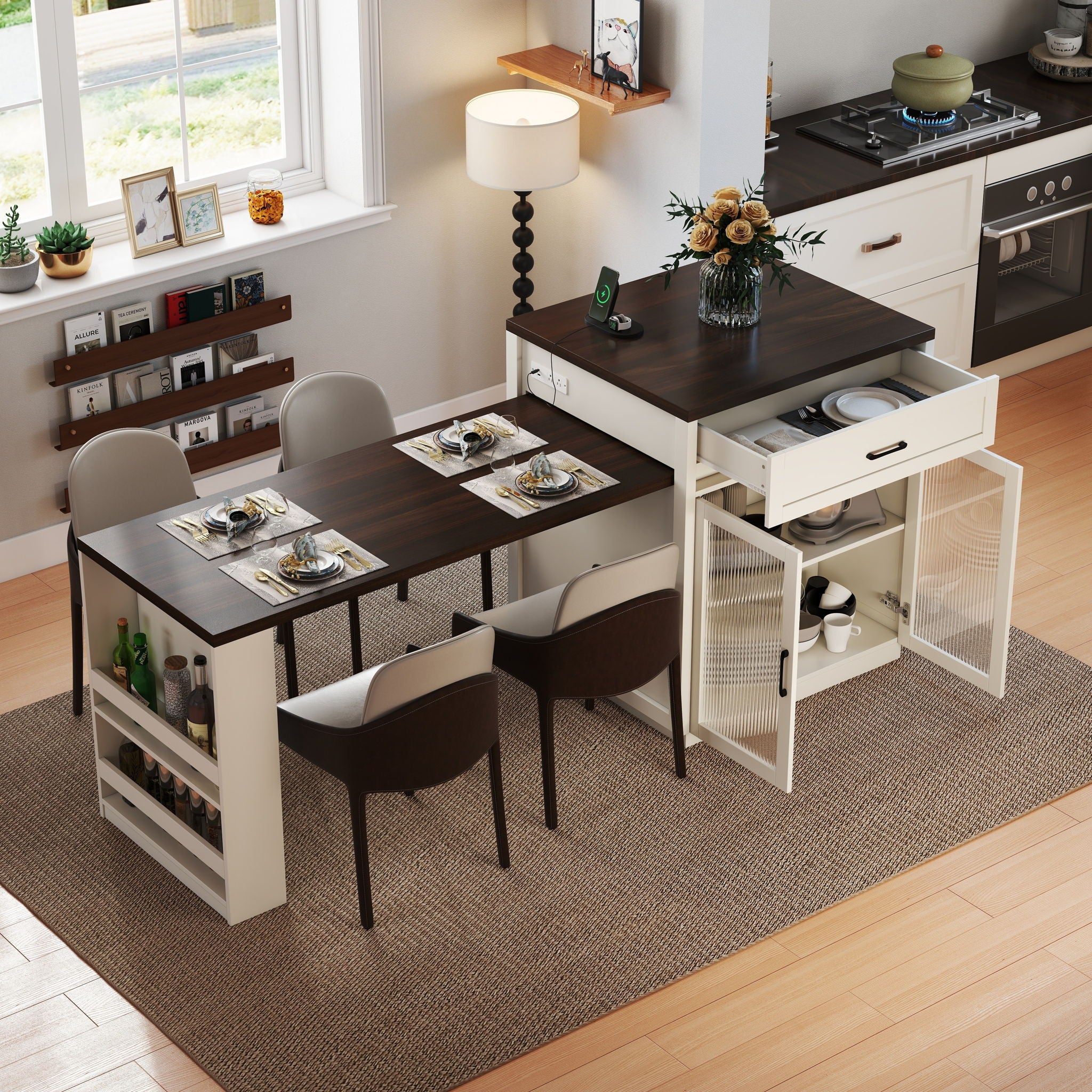Extendable Kitchen Island With Slide Out Table And Storage Racks For 2 - 6 Person, Power Outlet, Bar, Prep Station - Creamy White / Walnut