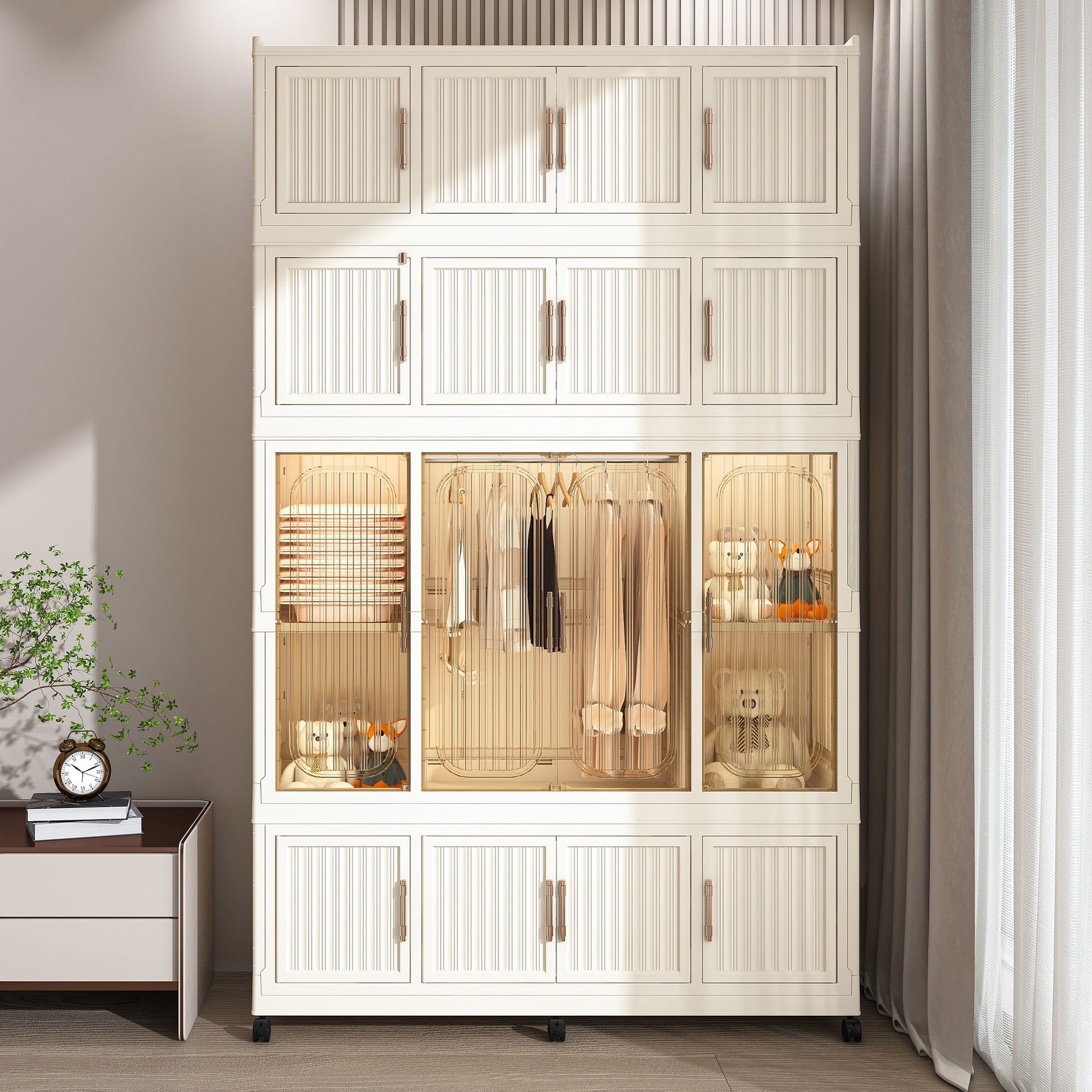 Portable Wardrobe Closet Storage Organizer With 17 Magnetic Doors, 17 Cubes, Hanging Rod & 6 Hangers - Creamy White - Best Buy Furniture