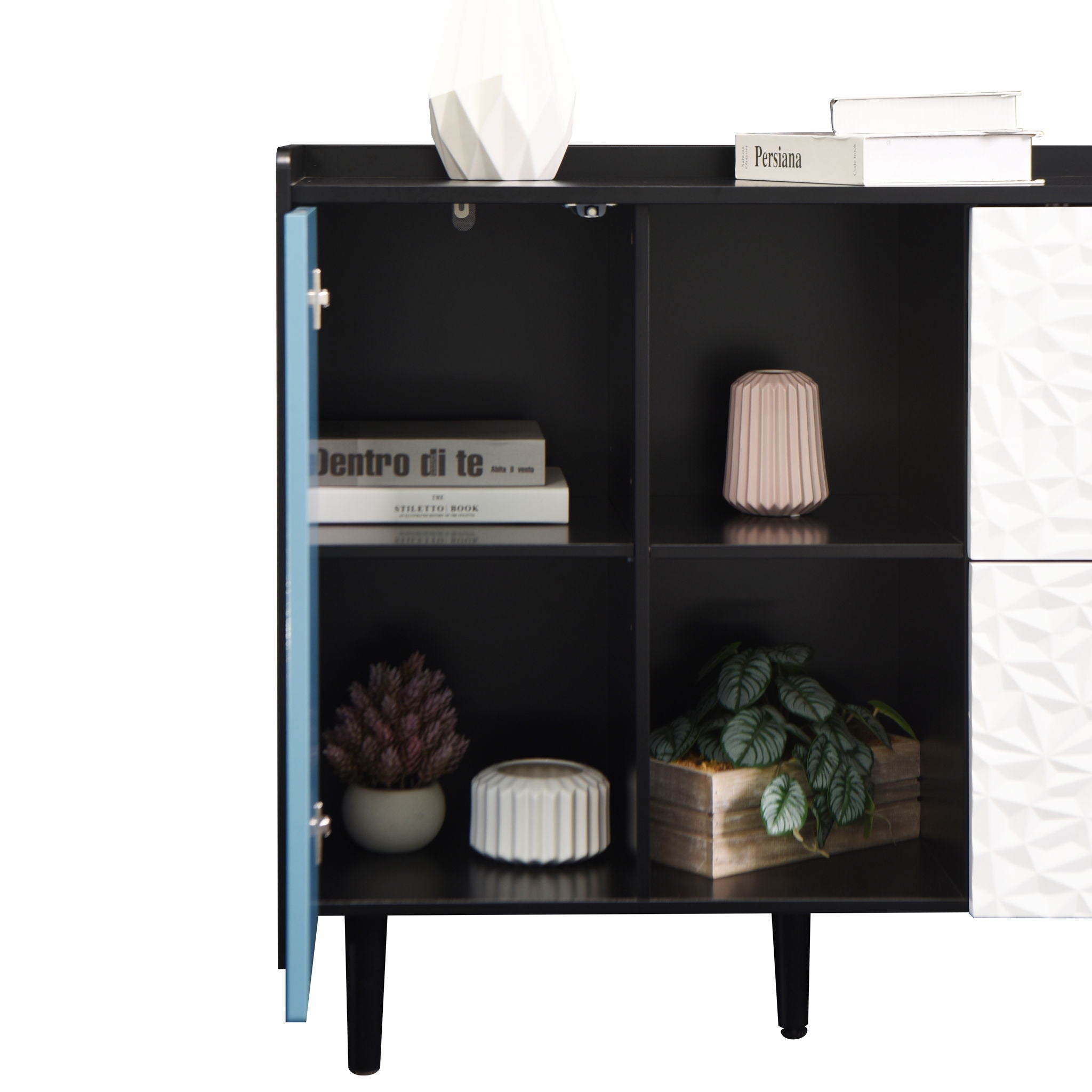 Modern Sideboard Buffet Cabinet With Red Doors And Unique Panel Styling