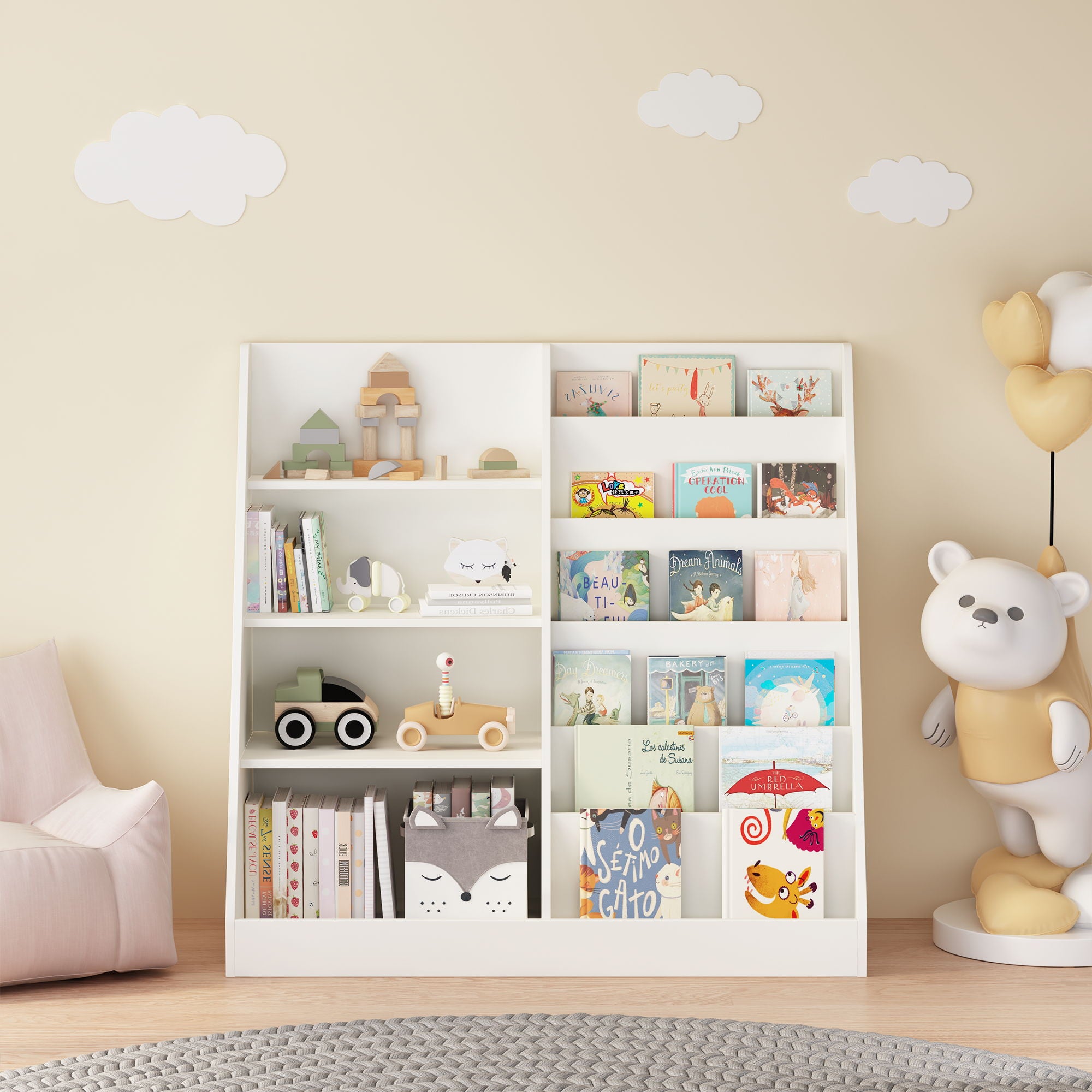 Bookshelf And Toy Storage Organizer, 4 Tier Bookcase With Display Stand For Playroom