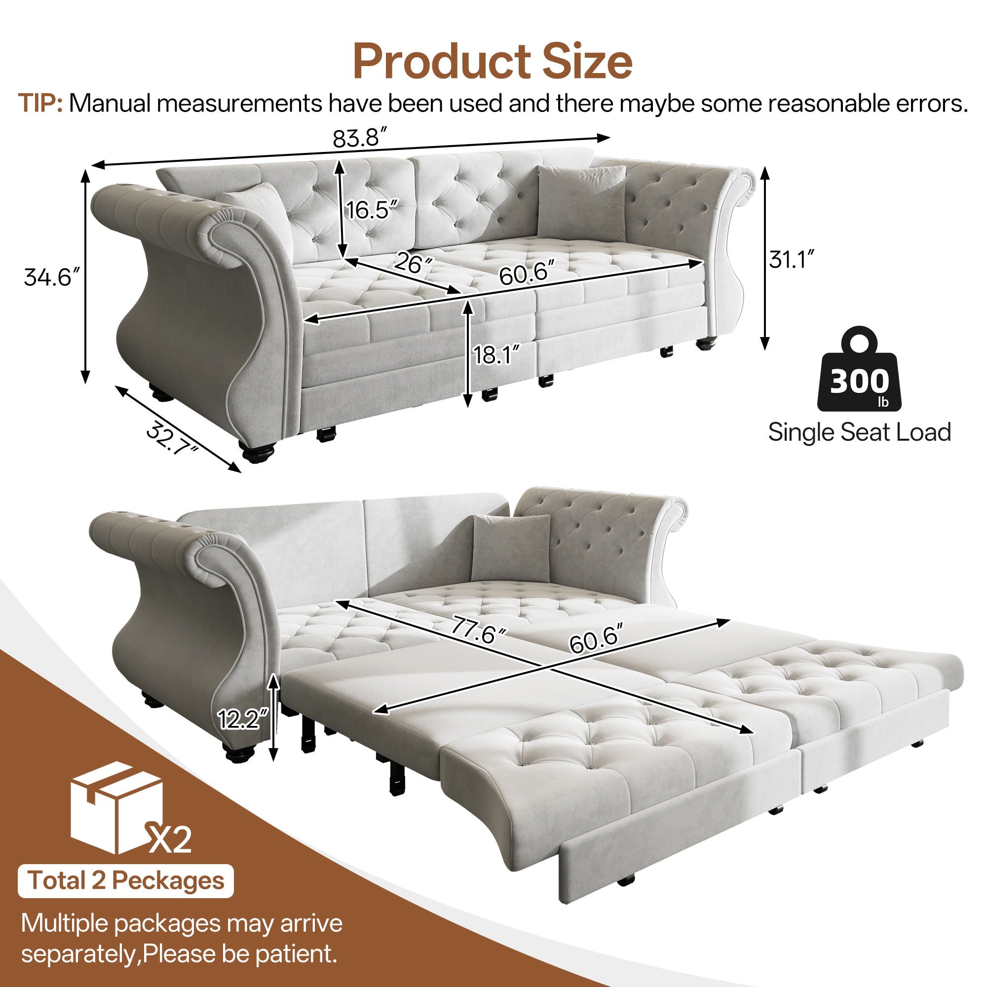 Oversized Chesterfield Pull Out Sofa Bed, Roll Arm Couch With Flower Tufting For Living Room