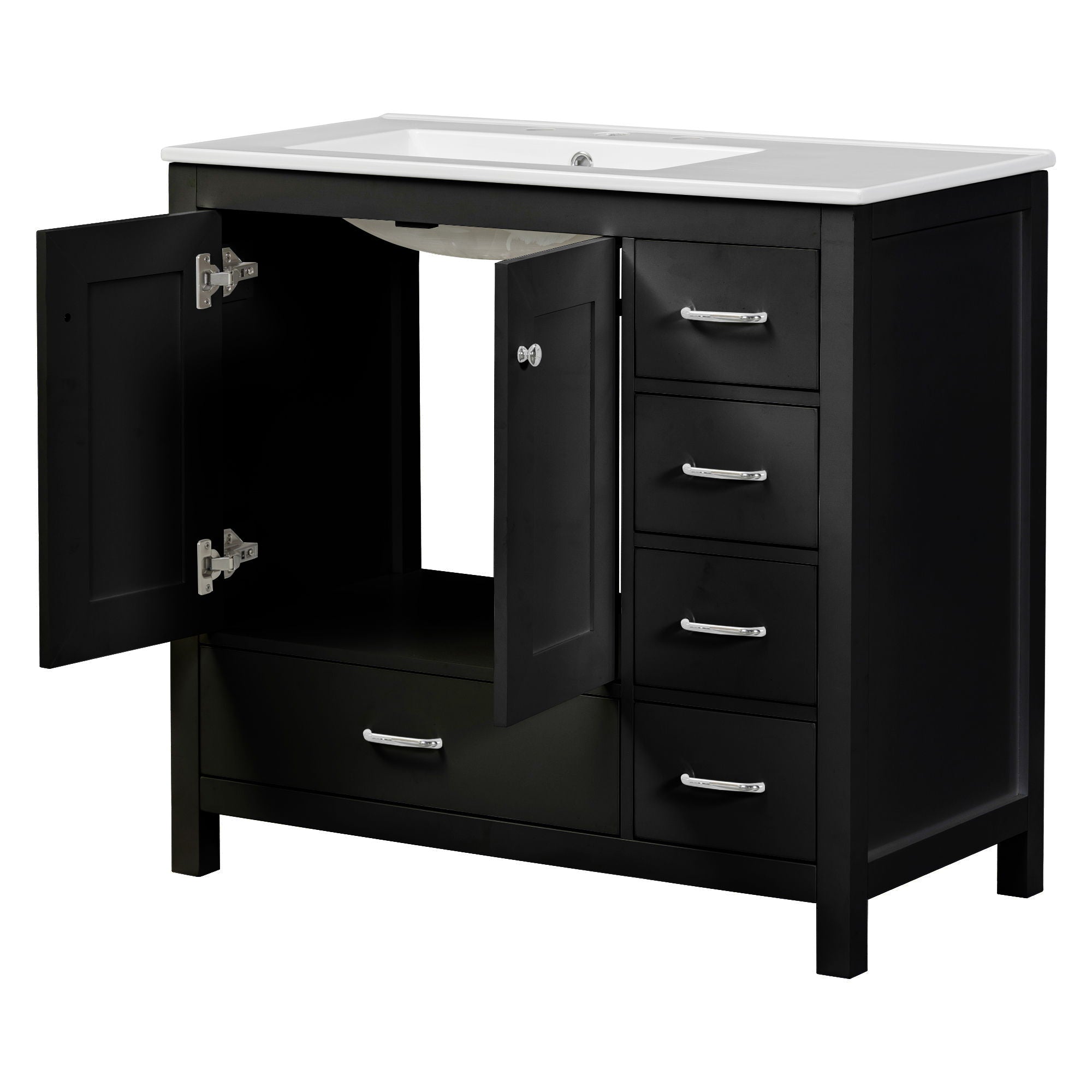 Bathroom Vanity With Ceramic Sink Combo, Abundant Storage Cabinet 2 Soft Close Doors And 5 Drawers