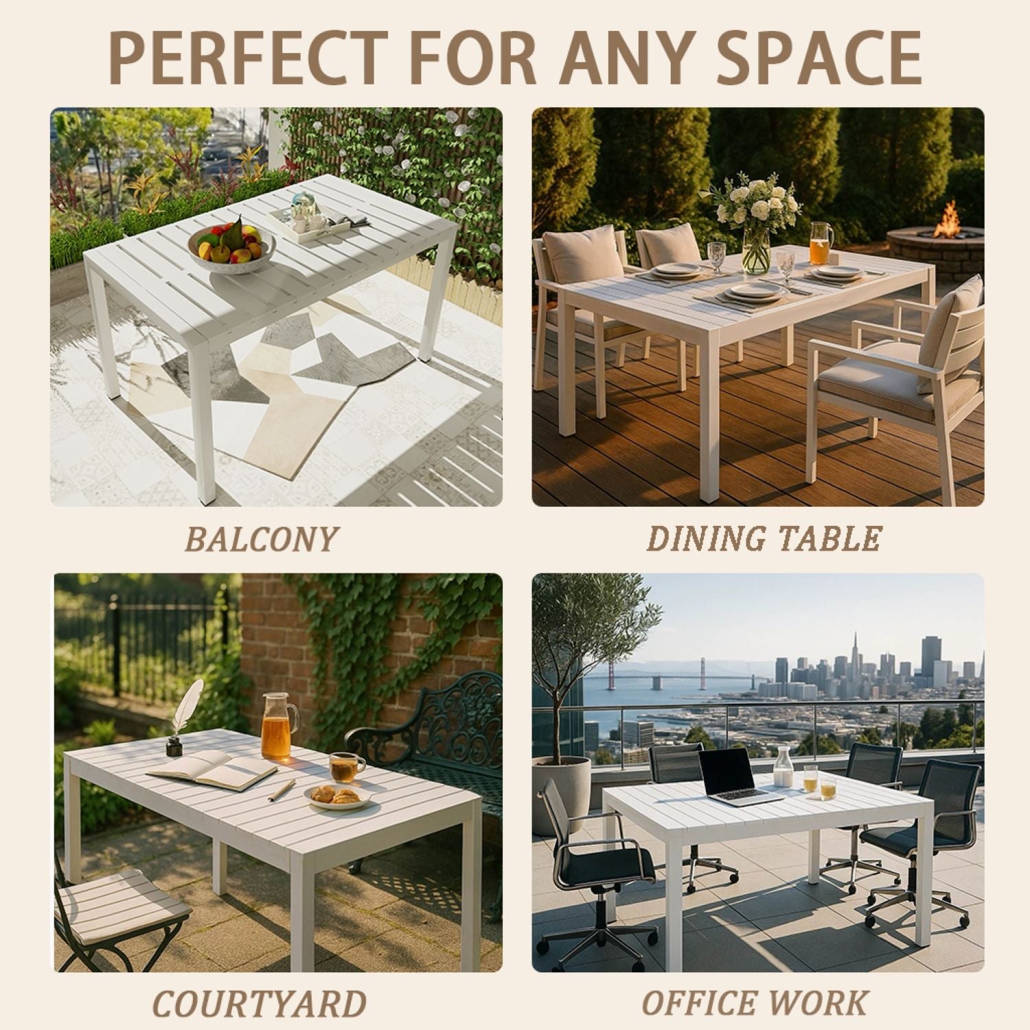 Modern Long Table, UV Resistant And Rust Proof, Pp Tabletop, UV Resistant Powder Coated Metal Legs - Snow White