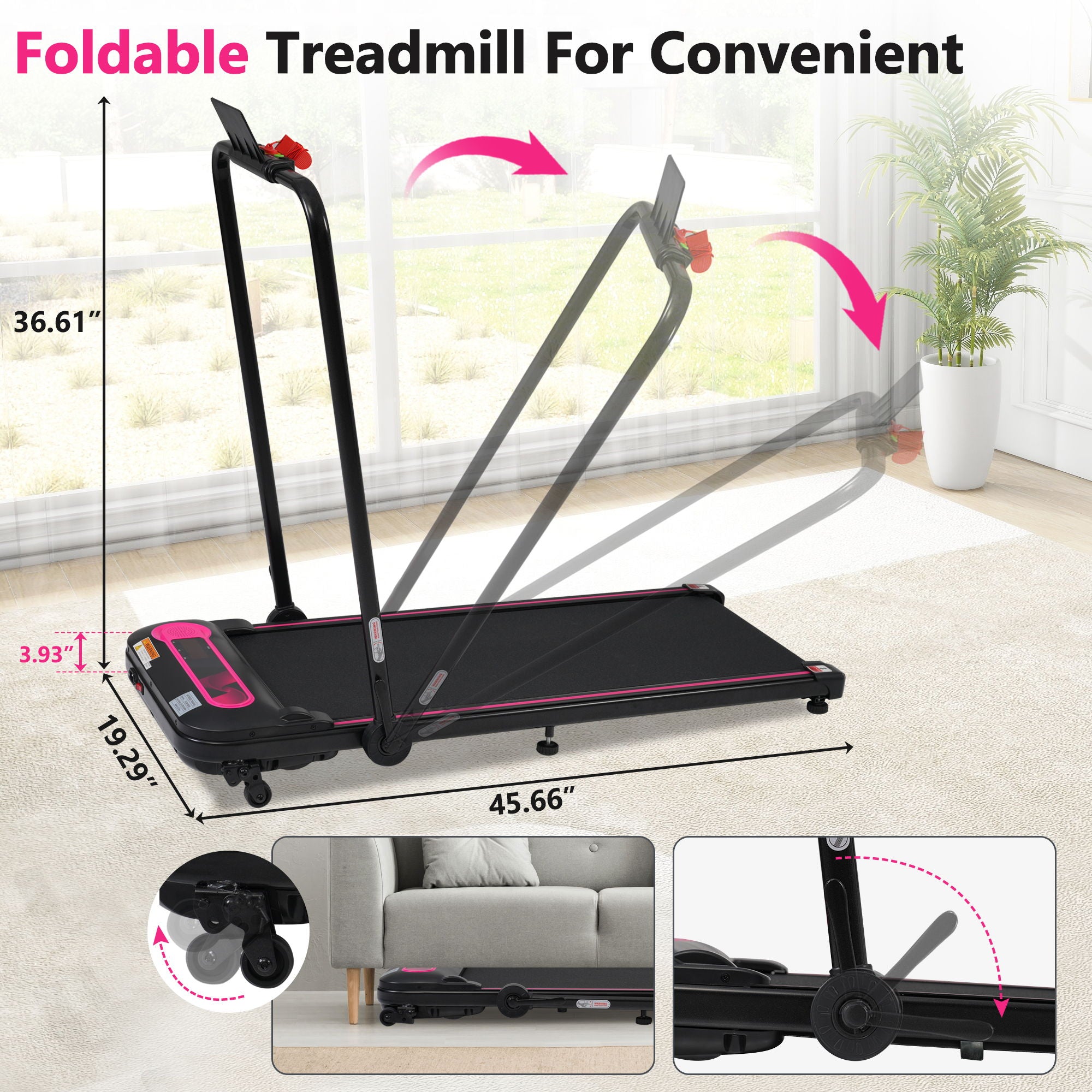 Folding Walking Pad Under Desk Treadmill For Home 2 Ways To Adjust Speed - Pink / Black