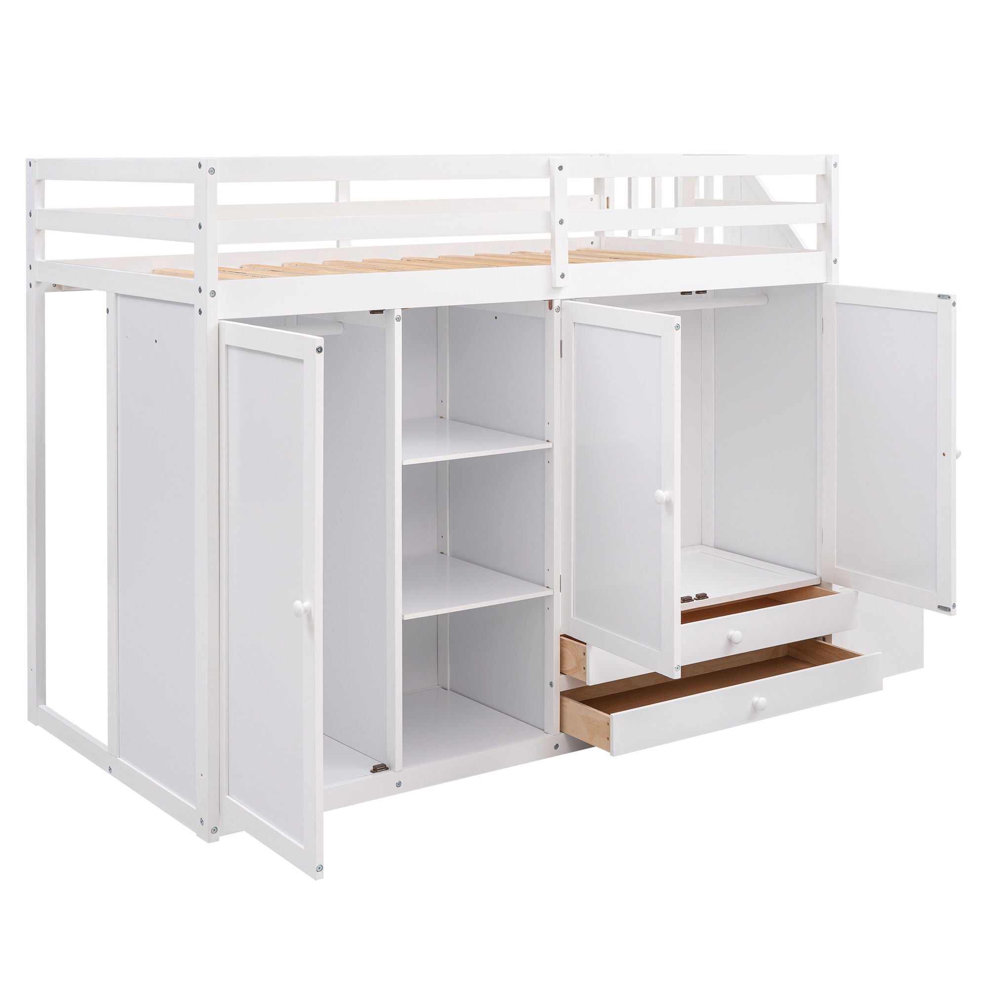 Loft Bed With 3 Shelves, 2 Wardrobes, 2 Drawers, Ladder Storage