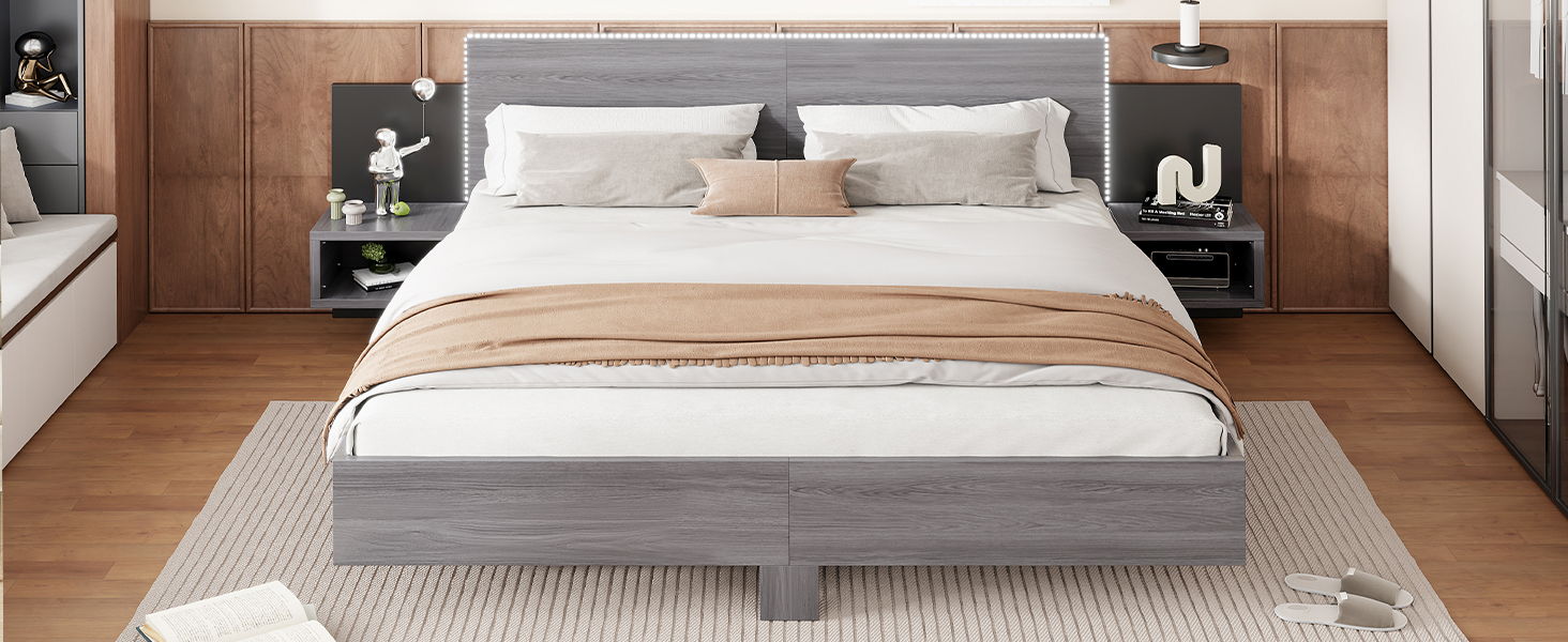 Floating Platform Bed, With LED Lights, Bedside Nightstand