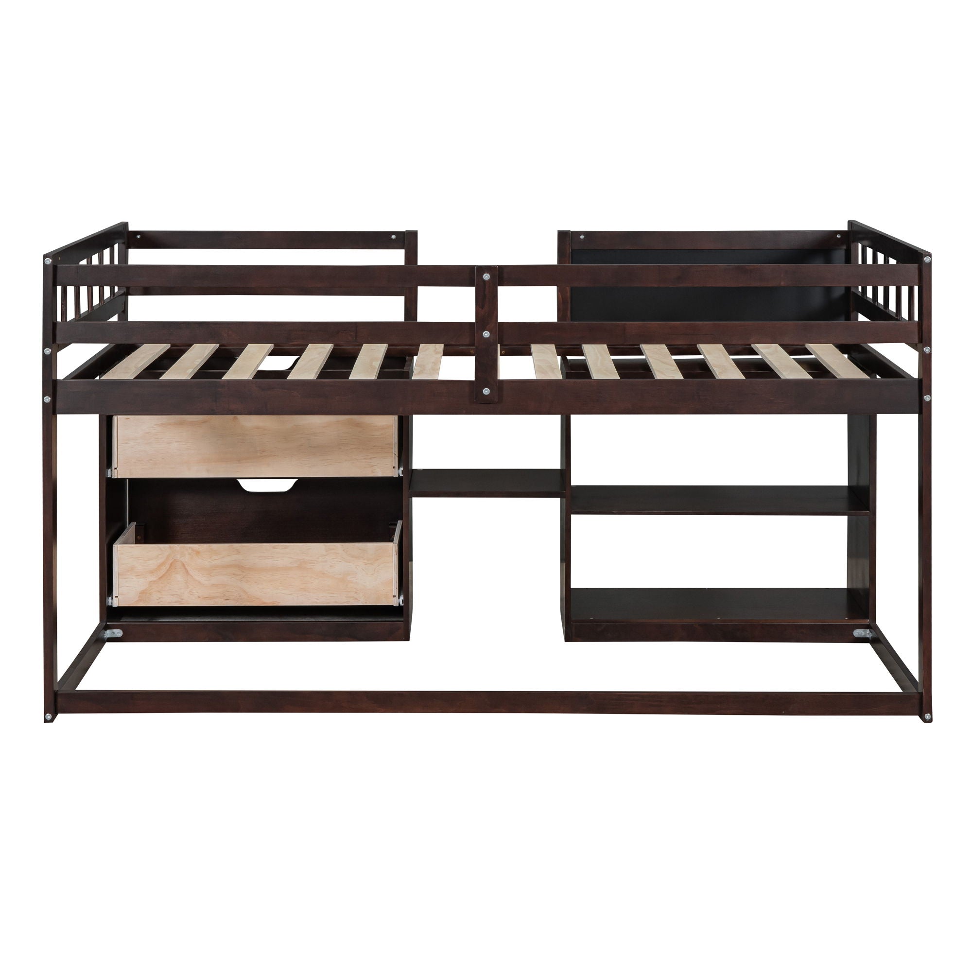 Low Loft Bed With Rolling Desk, Shelf And Drawers