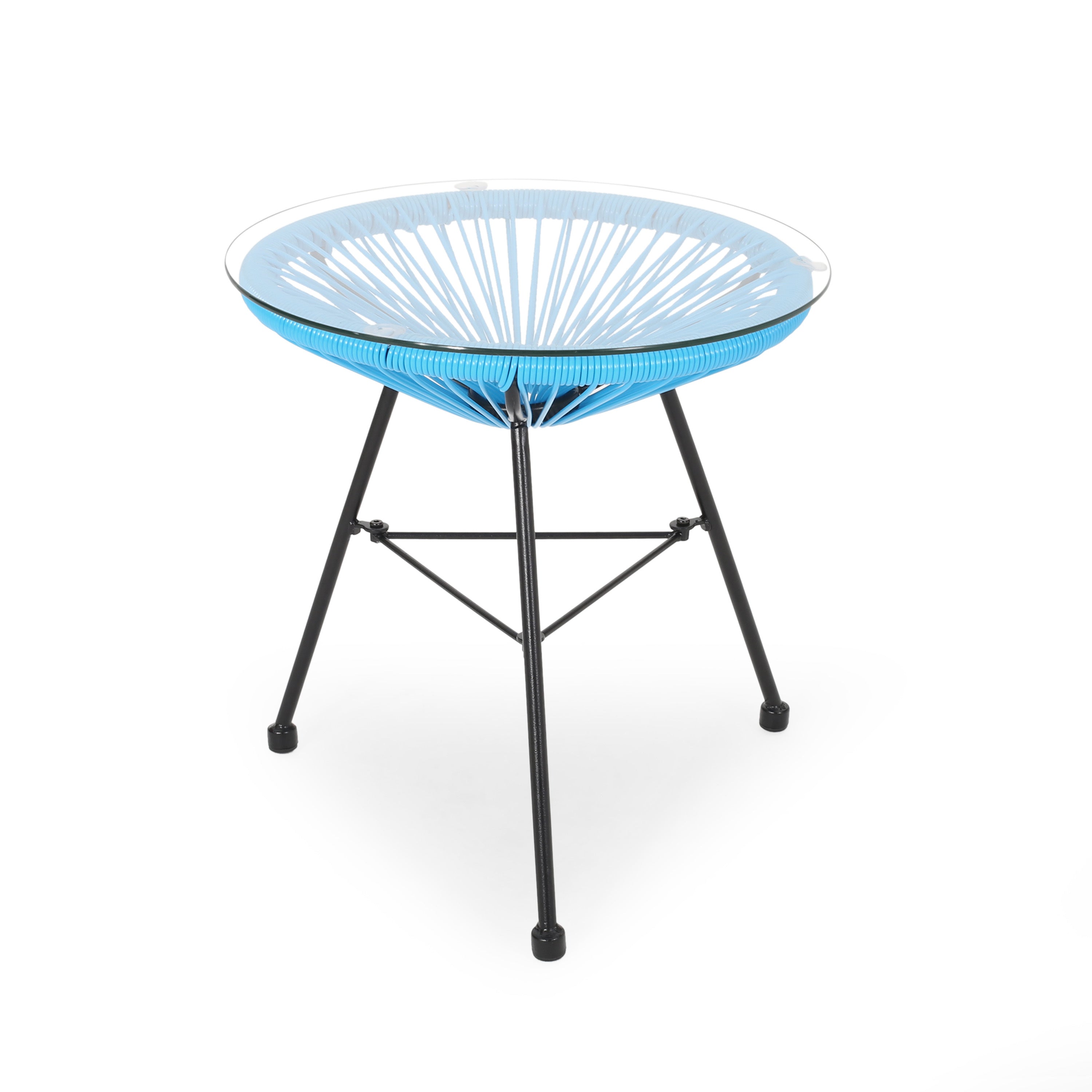 NUSA Modern Rattan Side Table with Tempered Glass Top in Blue