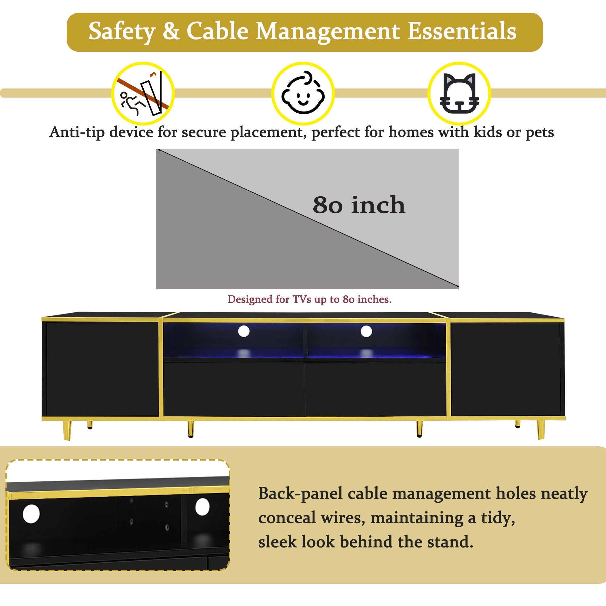 TV Stand For TVs Up To 80", Entertainment Center With 2 Shelves And LED Lights