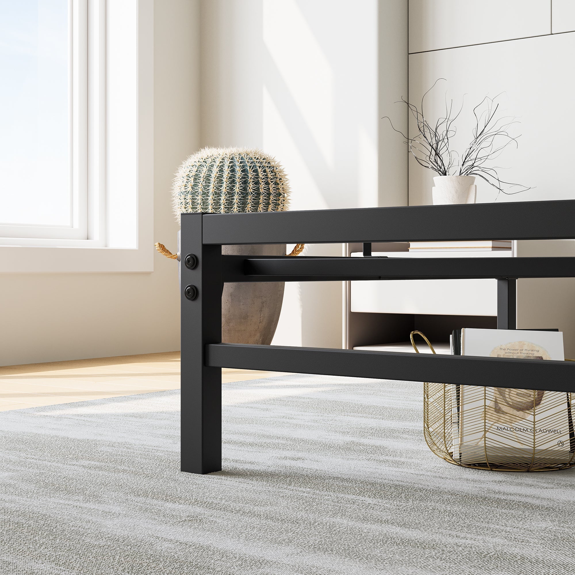 Industrial Platform Bed with Storage and Vintage Wood Headboard - Black