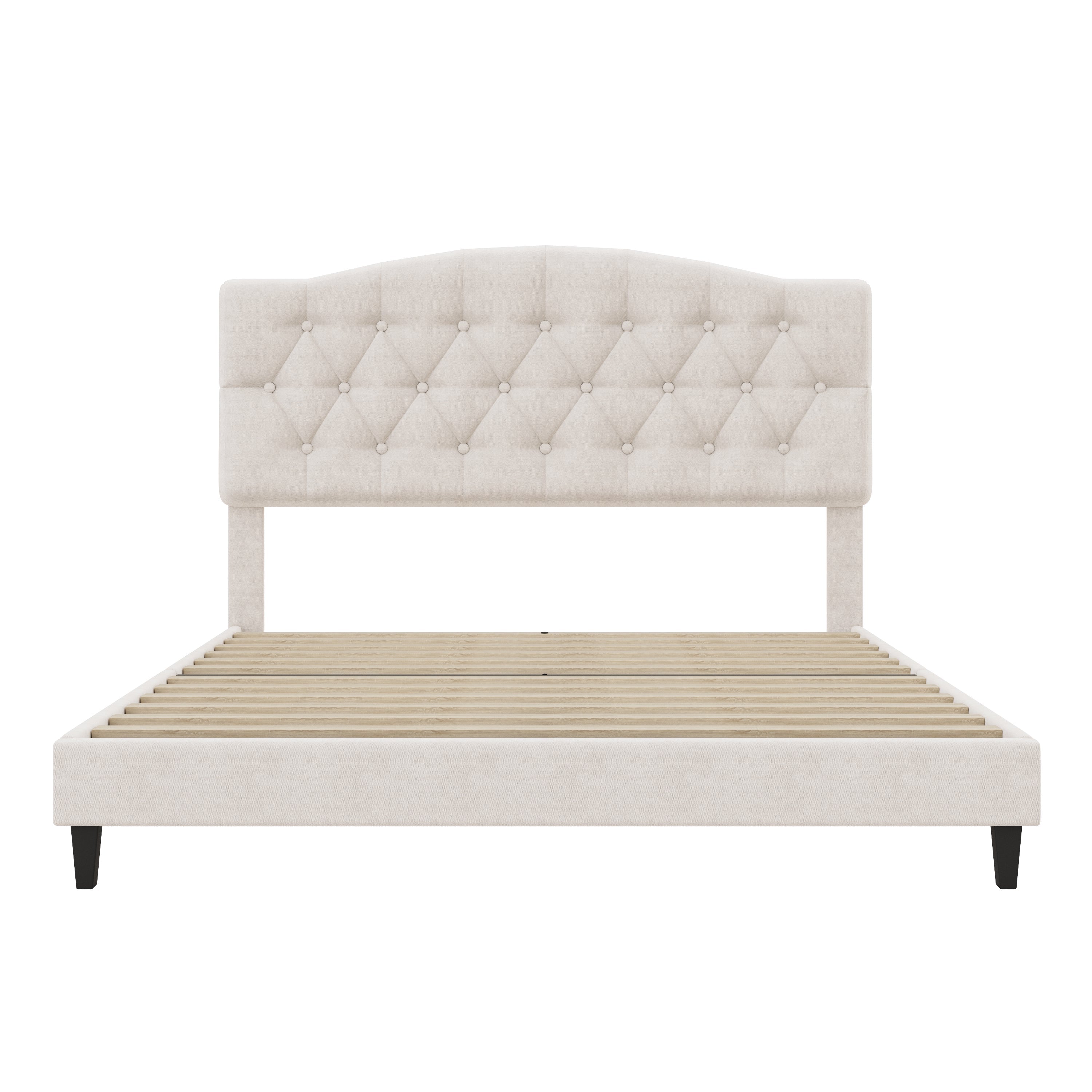 Upholstered Platform Bed with Saddle Curved Adjustable Headboard and Diamond Tufted Details
