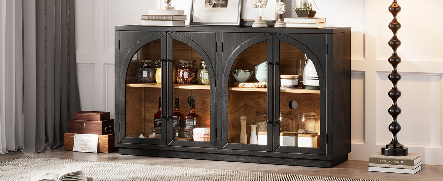 4-Door Large Storage Sideboard Buffet Cabinet with Glass Doors Arched Cabinet (Black)