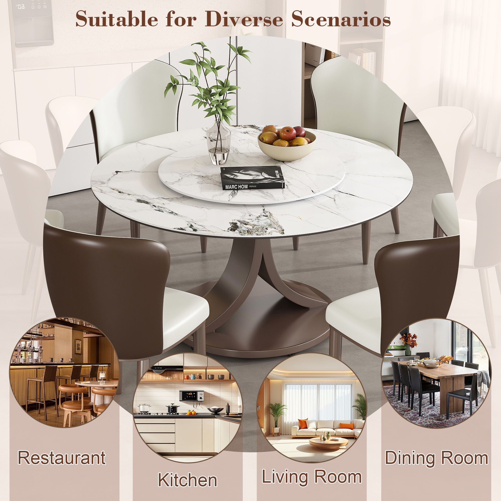 Round Dining Table With 360° Rotating Lazy Susan For Dining Room & Kitchen, 6 Chairs - White