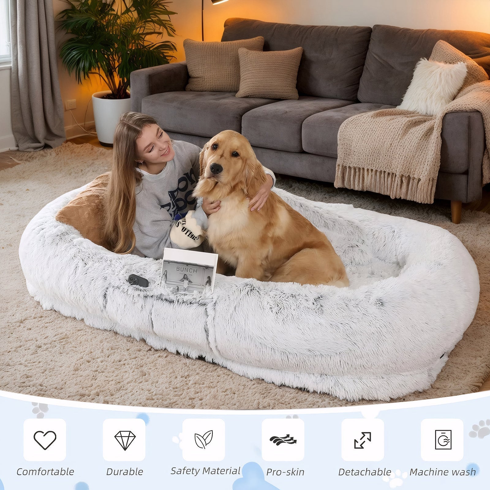 Human Dog Bed with Washable Faux Fur and Orthopedic Support