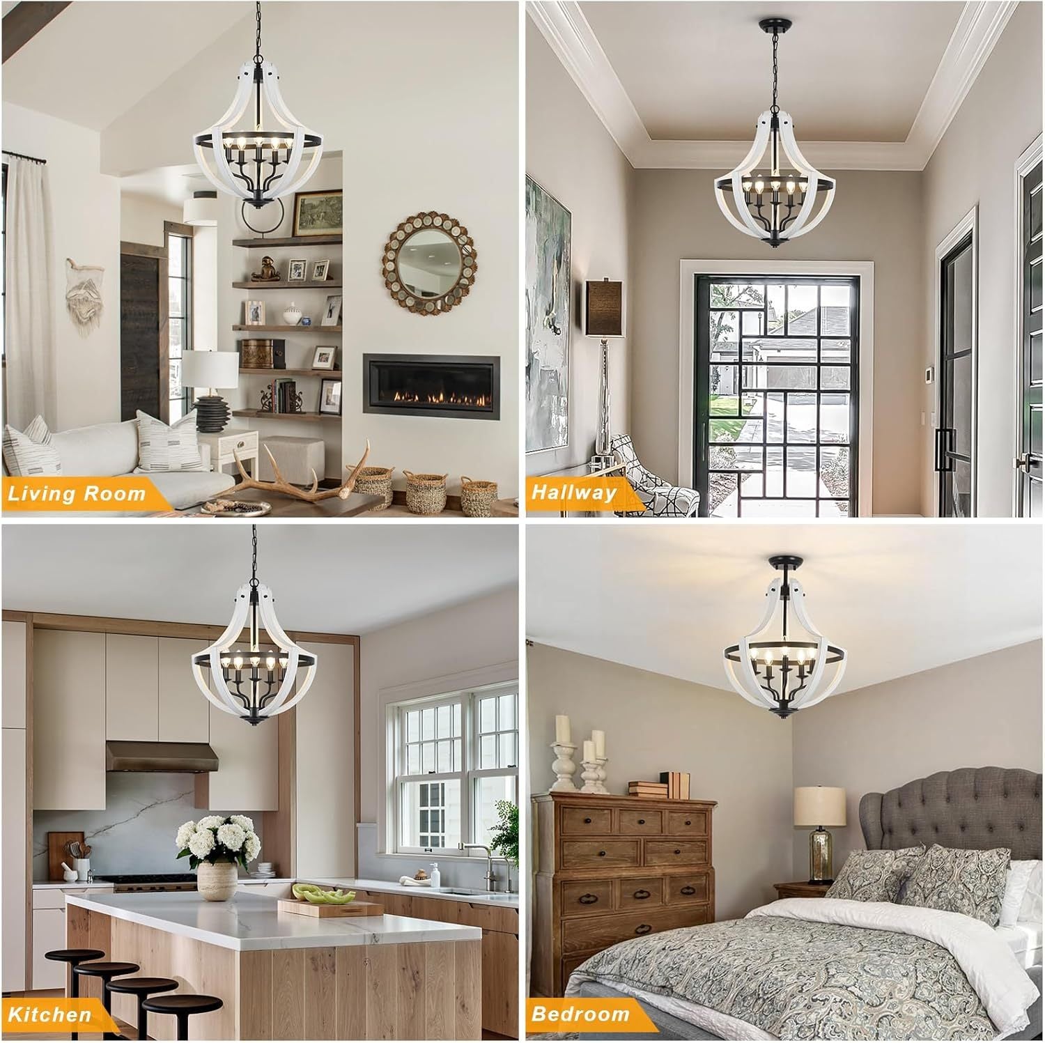 5-Light Convertible White Wood Farmhouse Chandelier