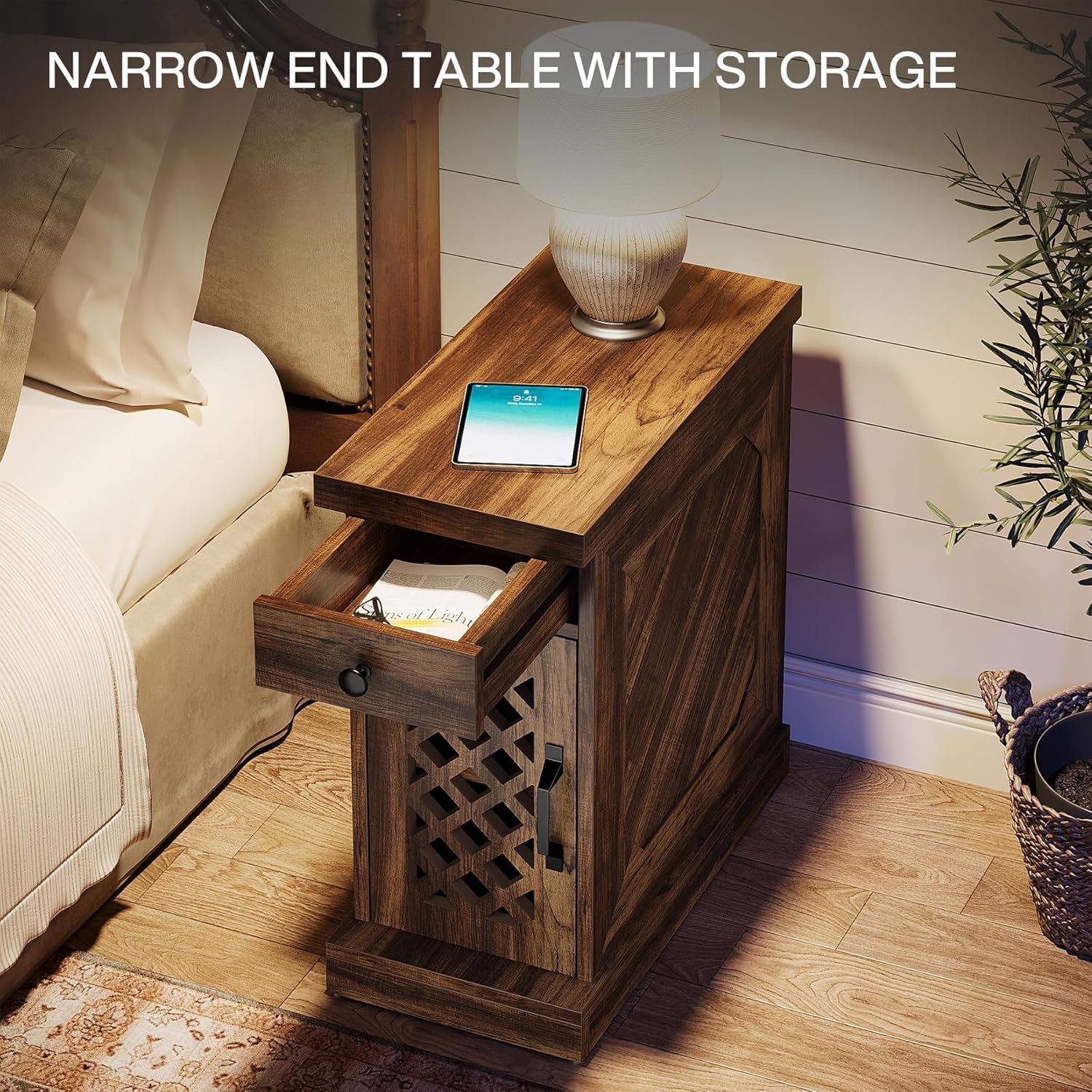 Narrow End Table With Drawer & Cabinet, Nightstand For Small Spaces - Brown