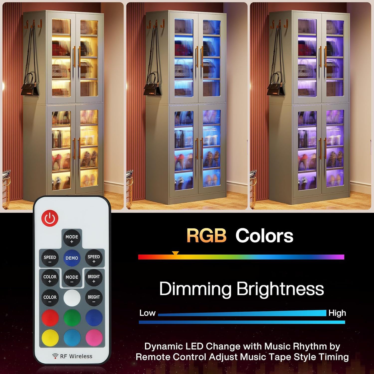 Bookcase With Doors And LED Lighting, 8 Adjustable Shelves Storage Cabinet