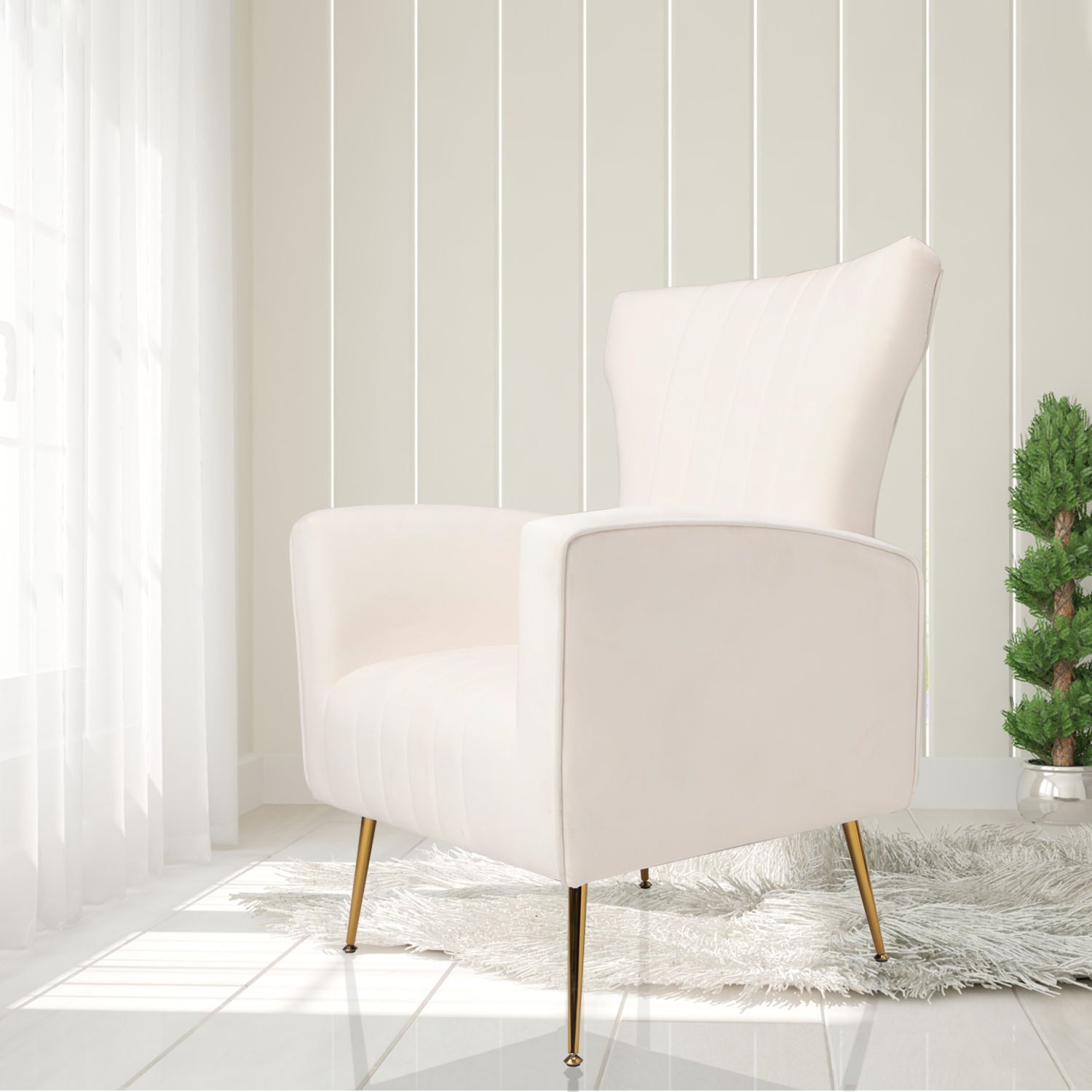 Velvet Wingback Accent Chair With Legs, Upholstered Single Sofa - White