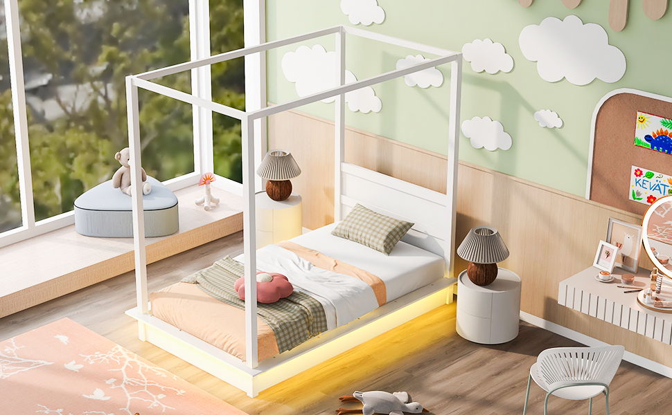 LED Canopy Bed, Canopy Platform Bed With Support Slats, No Box Spring Needed