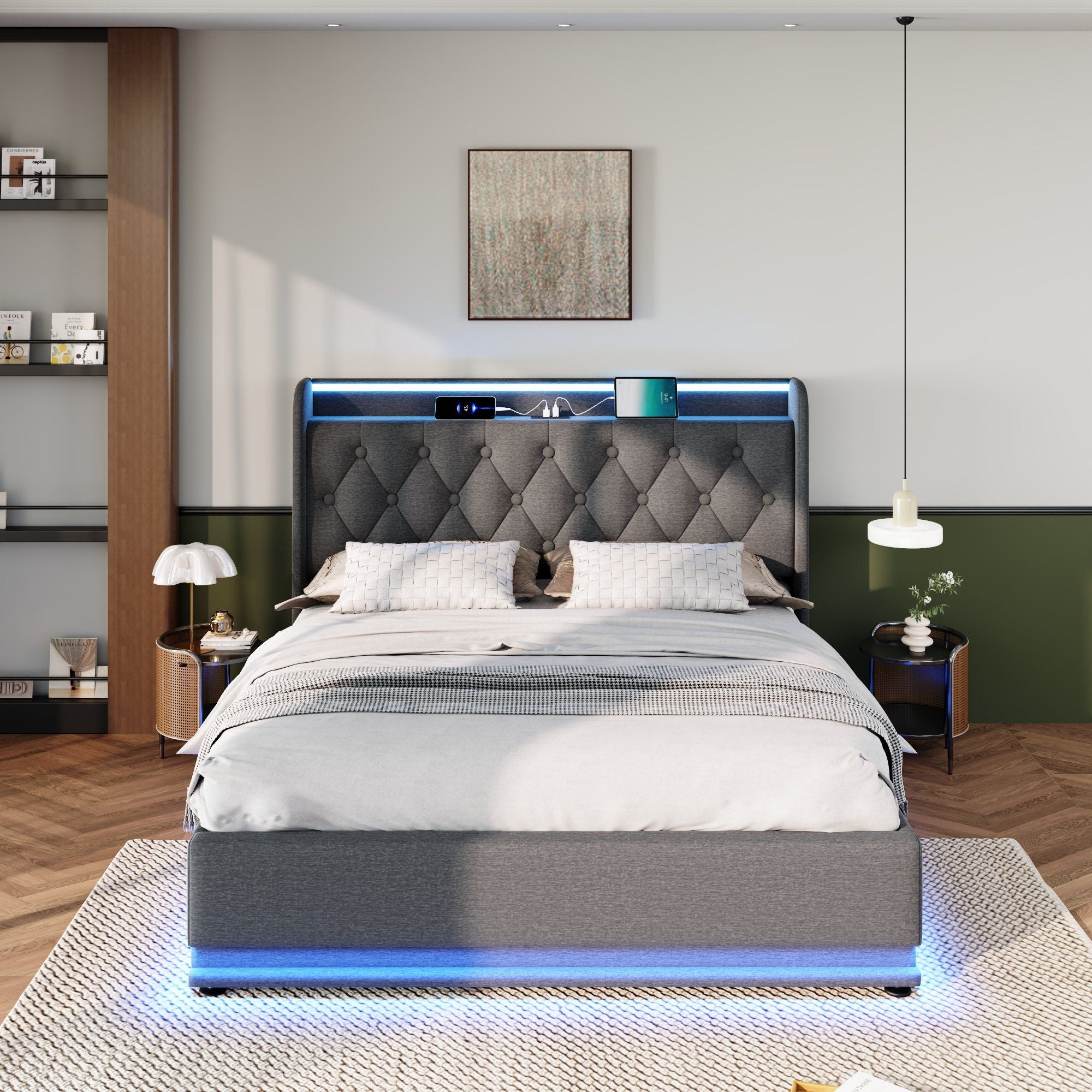Upholstered Bed, 360 Surround LED Function, Remote Control, Hydraulic Storage Bed With USB, Type-C Charging (Without Mattress)
