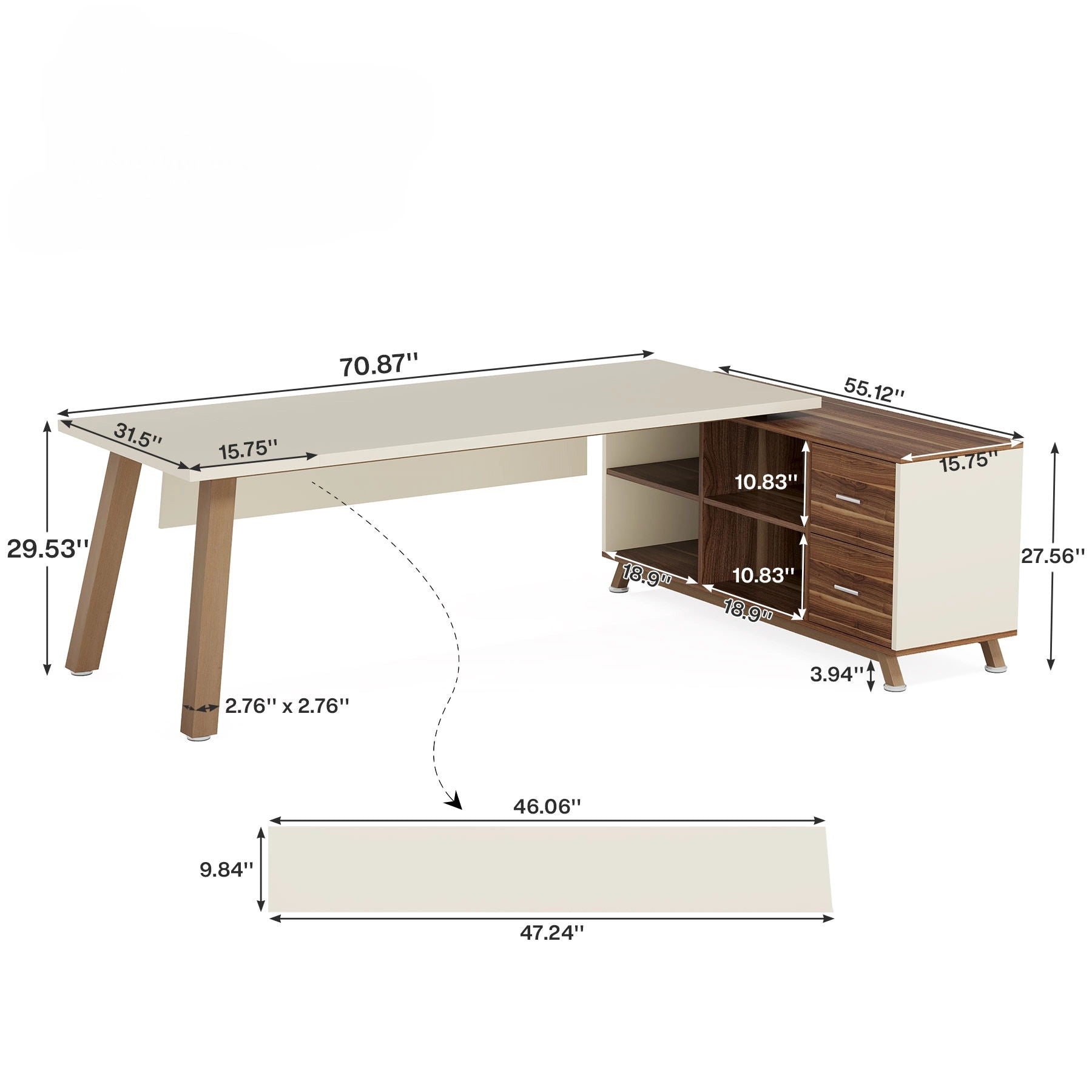 L-Shaped Executive Desk With File Cabinet, Computer Workstation With Drawers And Shelves For Home Office - White / Walnut