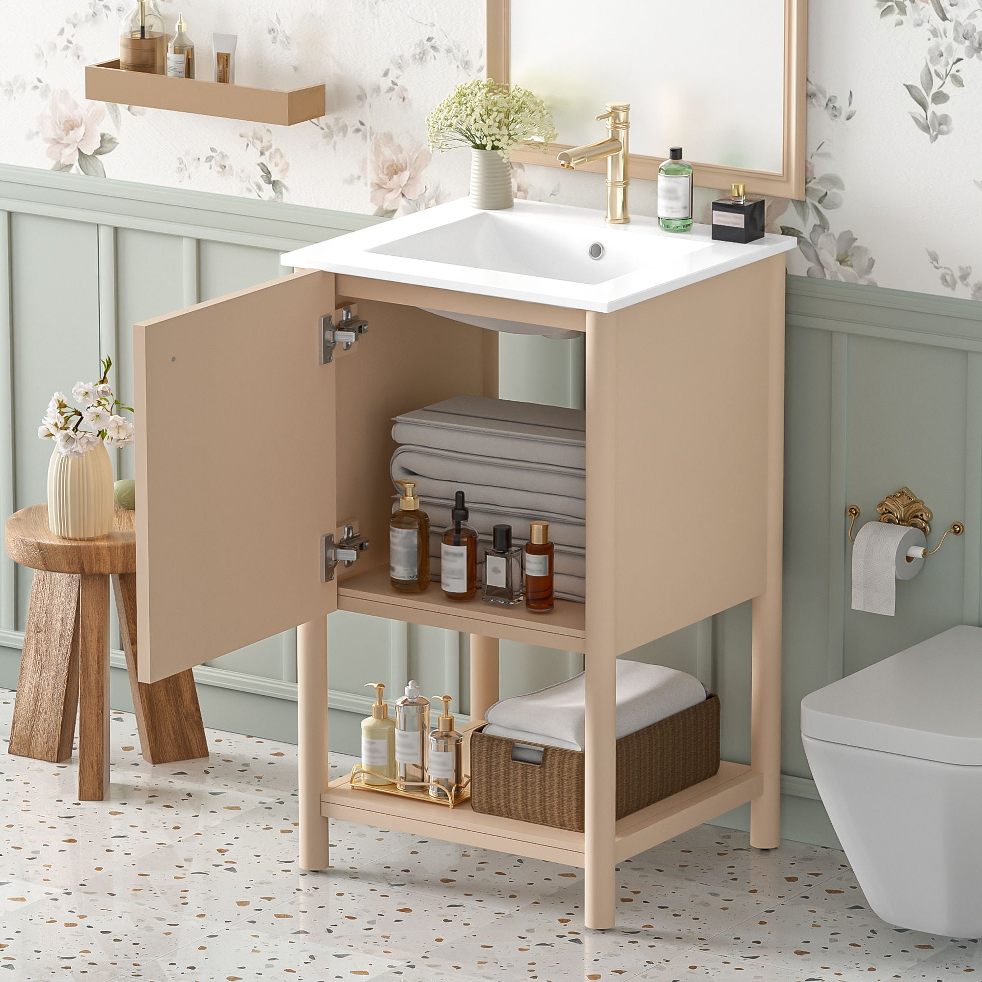 Bathroom Vanity With Sink, Freestanding Single Cabinet Set - Cream White