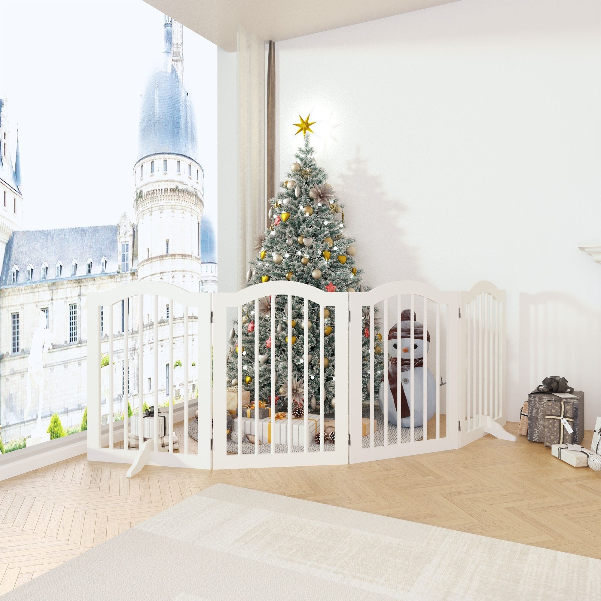 4 Panel Freestanding Pet Gate With Foldable Design And Support Feet - White