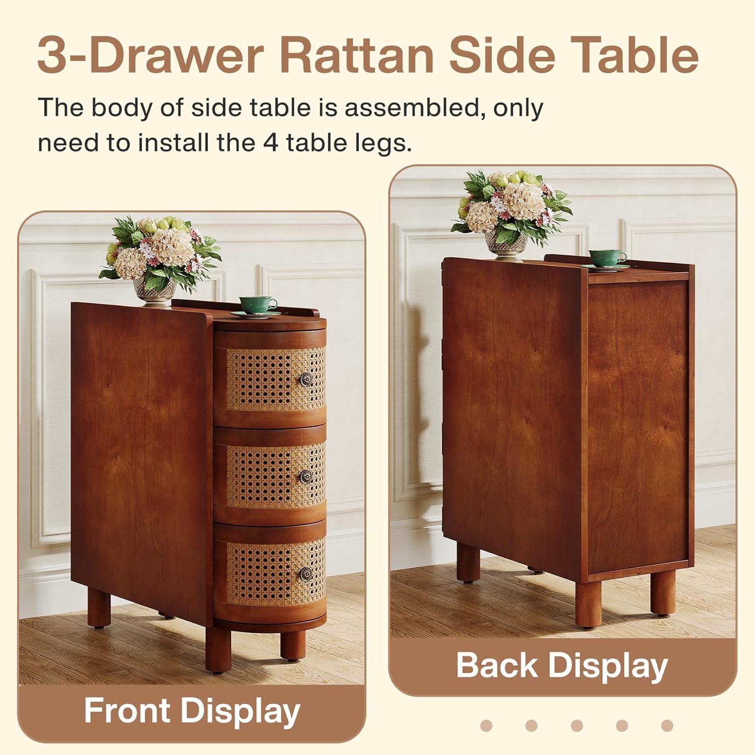 Narrow 3 Drawer End Table, Compact Nightstand For Living Room - Brown Oak