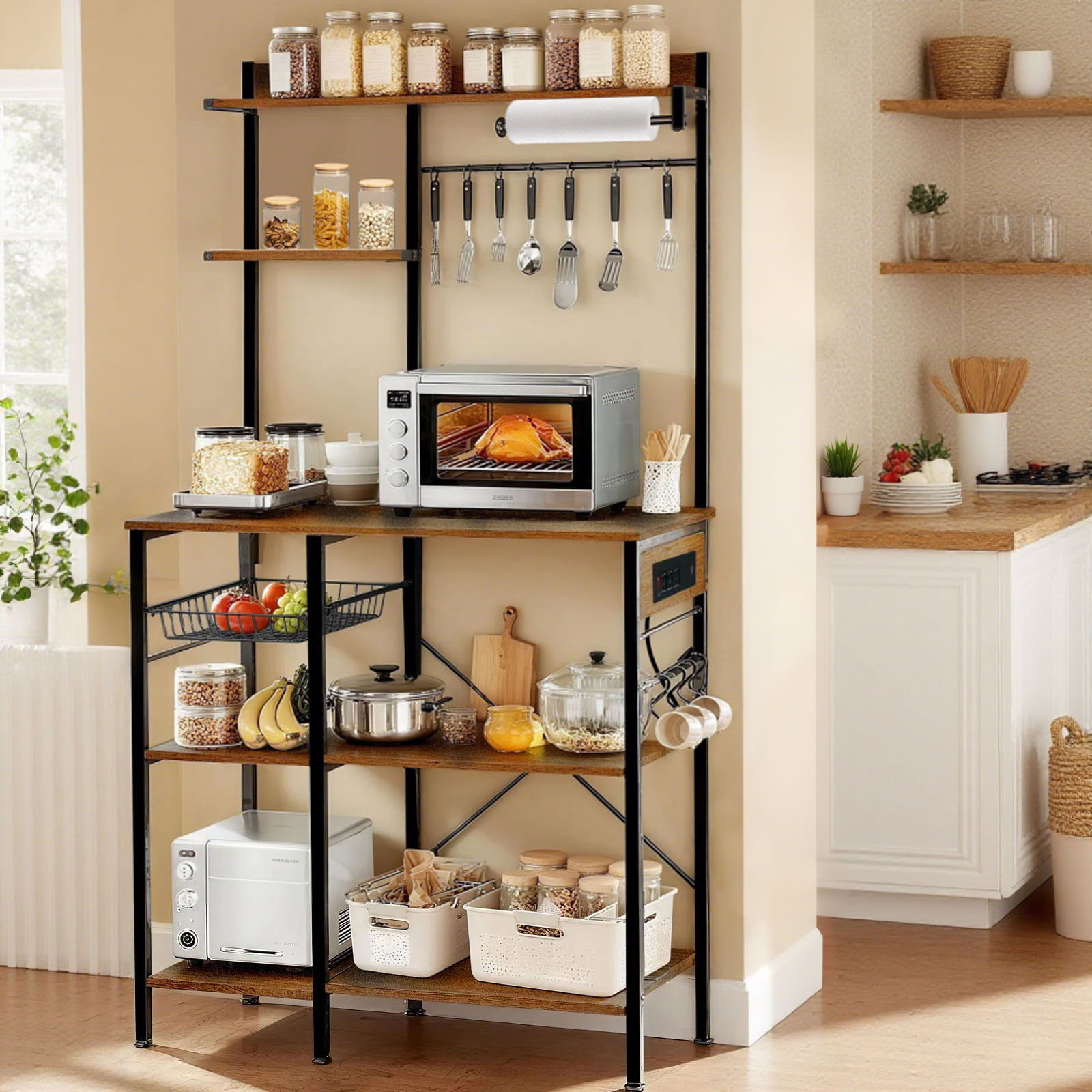 Bakers Rack With Power Outlet, Coffee Bar With S-Shaped Hooks, Kitchen Shelf With Wire Basket - Black / Brown